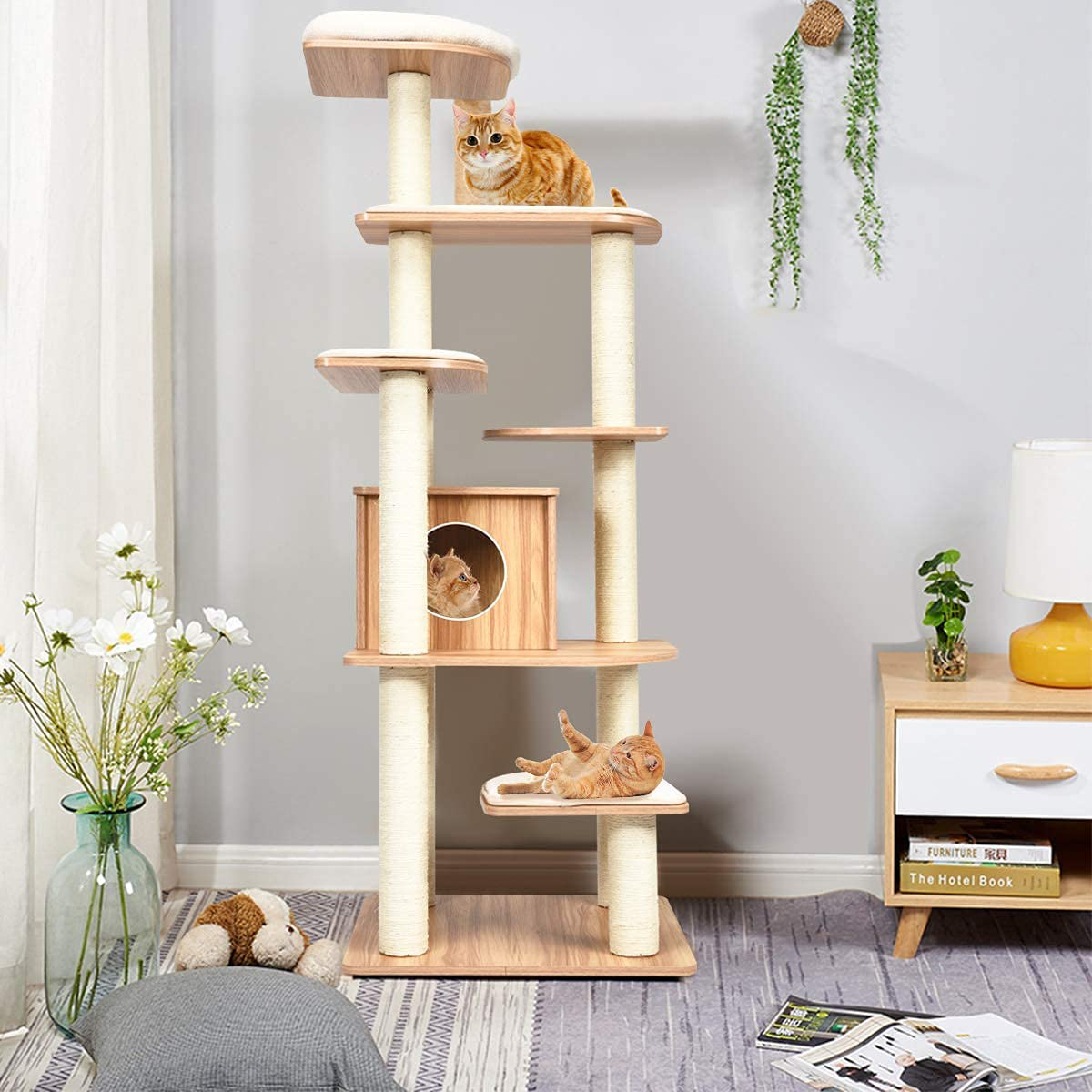 Tangkula Modern Wood Cat Tree, 69-Inch Cat Tower with Multi-Layer Platform, Cat Activity Tree with Sisal Rope Scratching Posts, Cat Condo Furniture W/Washable Plush Cushions for Large Cats Kittens