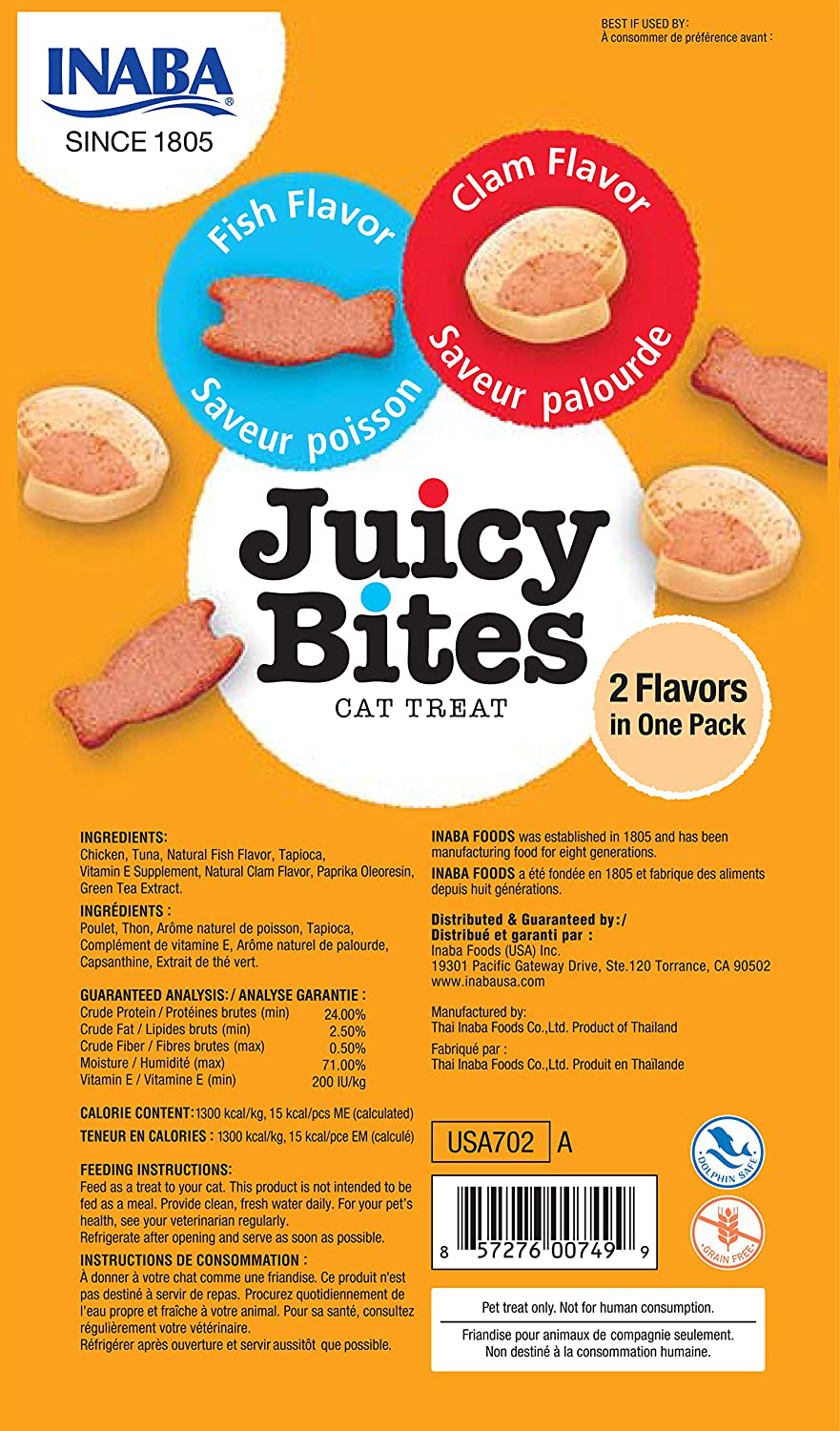INABA Juicy Bites Grain-Free, Soft, Moist, Chewy Cat Treats with Vitamin E and Green Tea Extract, 0.4 Ounces per Pouch, 18 Pouches (3 per Bag), Fish and Clam Animals & Pet Supplies > Pet Supplies > Cat Supplies > Cat Treats INABA   