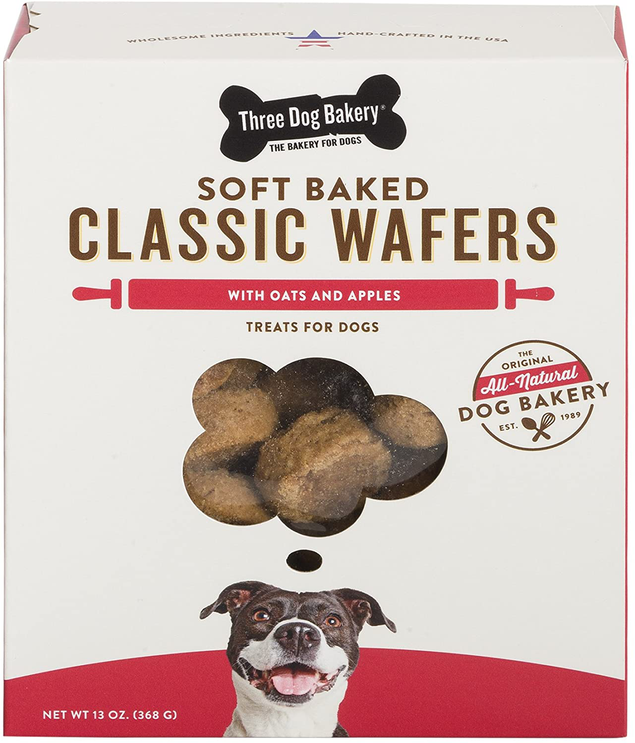 Three Dog Bakery Classic Wafers Baked Dog Treats Animals & Pet Supplies > Pet Supplies > Small Animal Supplies > Small Animal Treats Three Dog Bakery Soft Baked Classic Wafers with Oats and Apples. 13 oz  