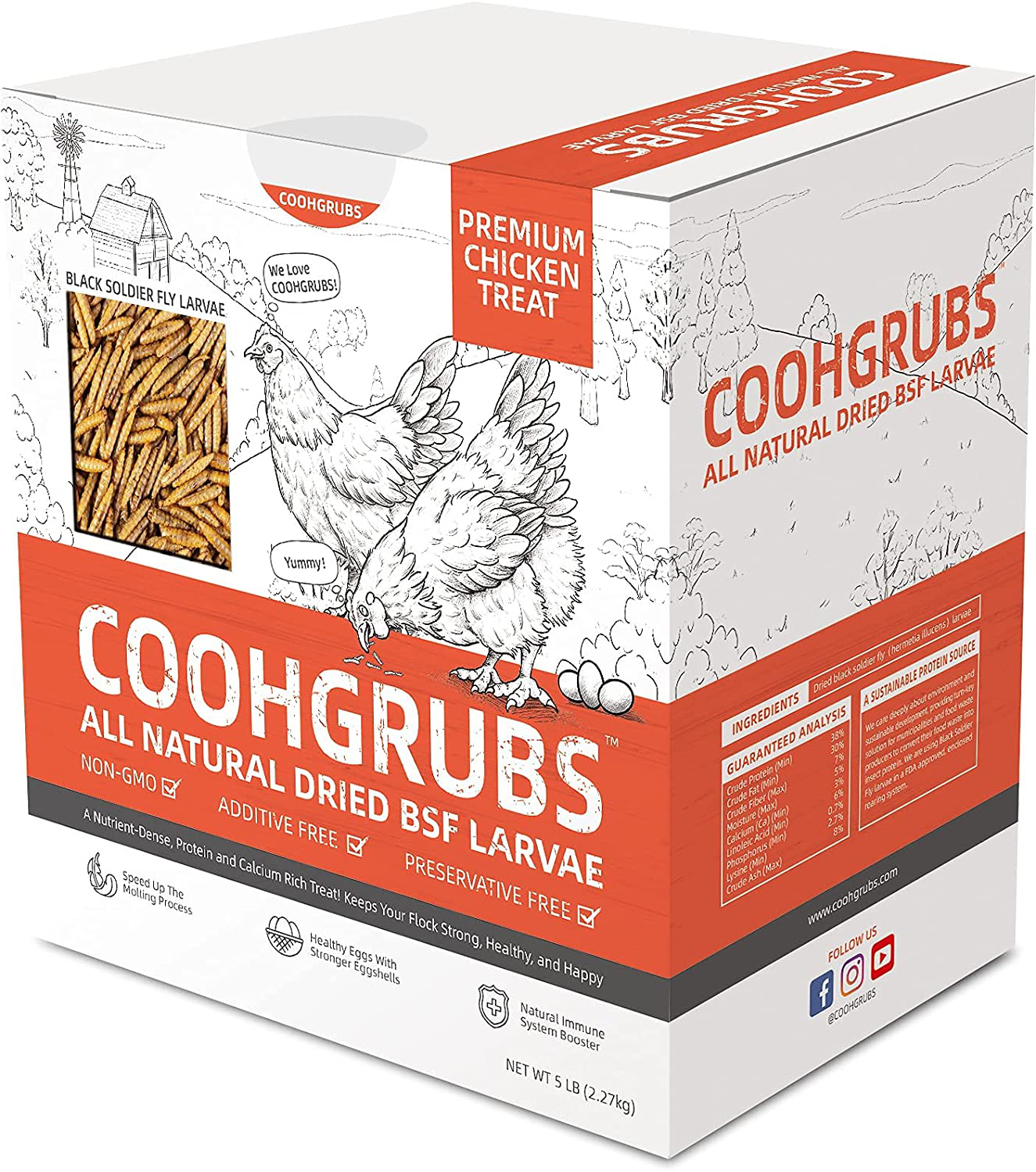 COOHGRUBS Natural Dried Black Soldier Fly Larvae, 60X-100X More Calcium than Dried Mealworms, Non-Gmo High-Protein BSF Larvae Treats for Chickens, Laying Hens, Ducks, Geese, Turkeys, Quails, and More