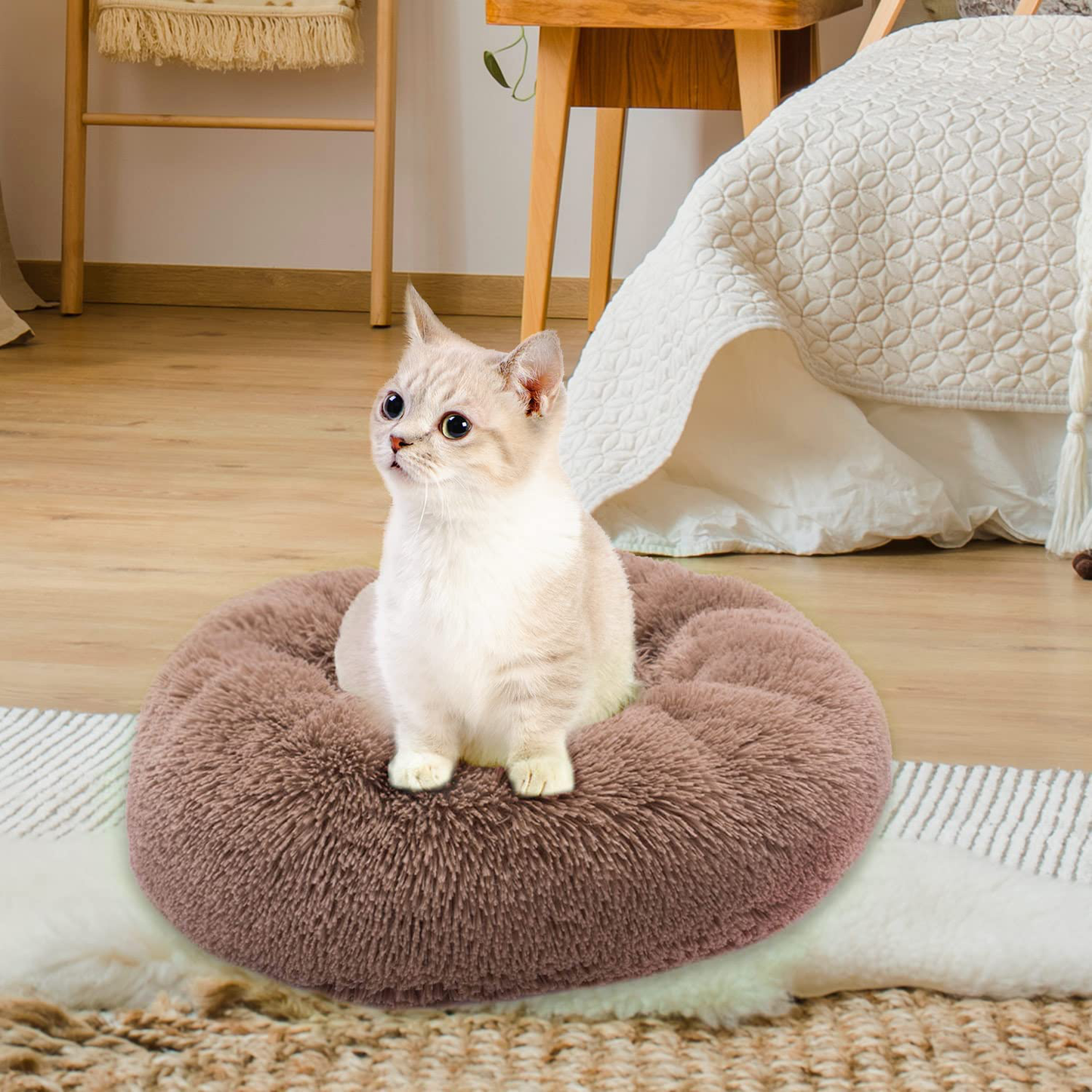 Calming Dog Bed Donut Cuddler - Faux Fur round Comfortable Pet Bed for Small Medium Large Dogs Calming Dog Bed Indoor Sleeping Cat Bed with Machine Washable Waterproof Bottom Fluffy Dog Cushion Bed
