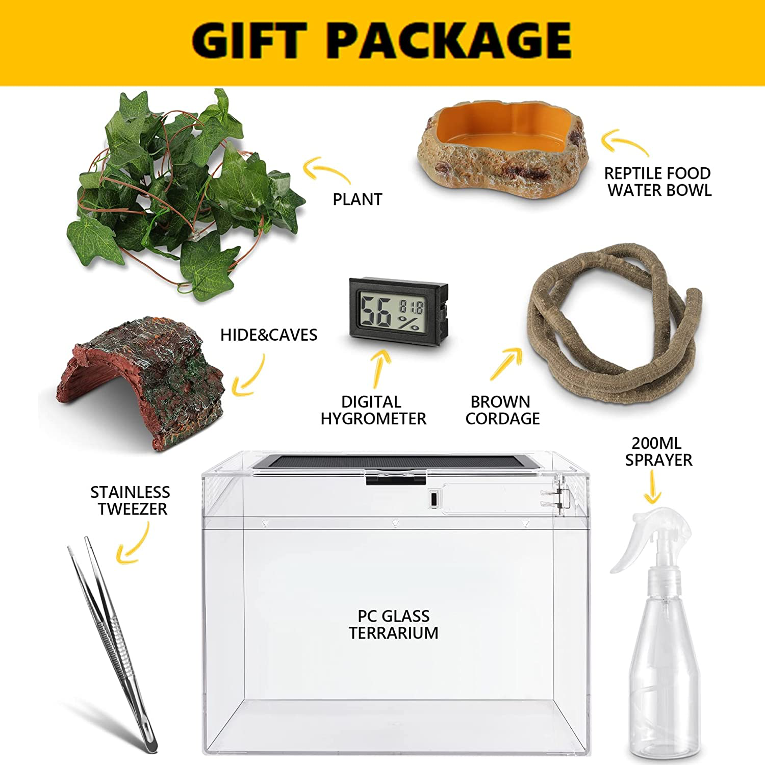 Reptile PC Glass Terrarium - Amphibians Tank Starter Kits, Acrylic anti Breakage 12X9X7 Inch, Top Sliding Door Screen Ventilation Mini Habitat Cages, Hygrometer, Hide Cave, Vines, Tweezer, Sprayer Animals & Pet Supplies > Pet Supplies > Reptile & Amphibian Supplies > Reptile & Amphibian Habitat Accessories HELIME   