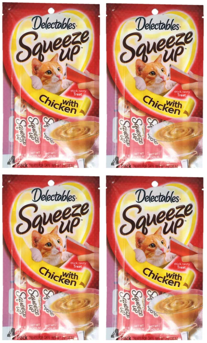 Delectables Squeeze up Hartz Cat Treats Bundle of 4 Flavor Pouches, 2.0 Oz Each (Chicken)