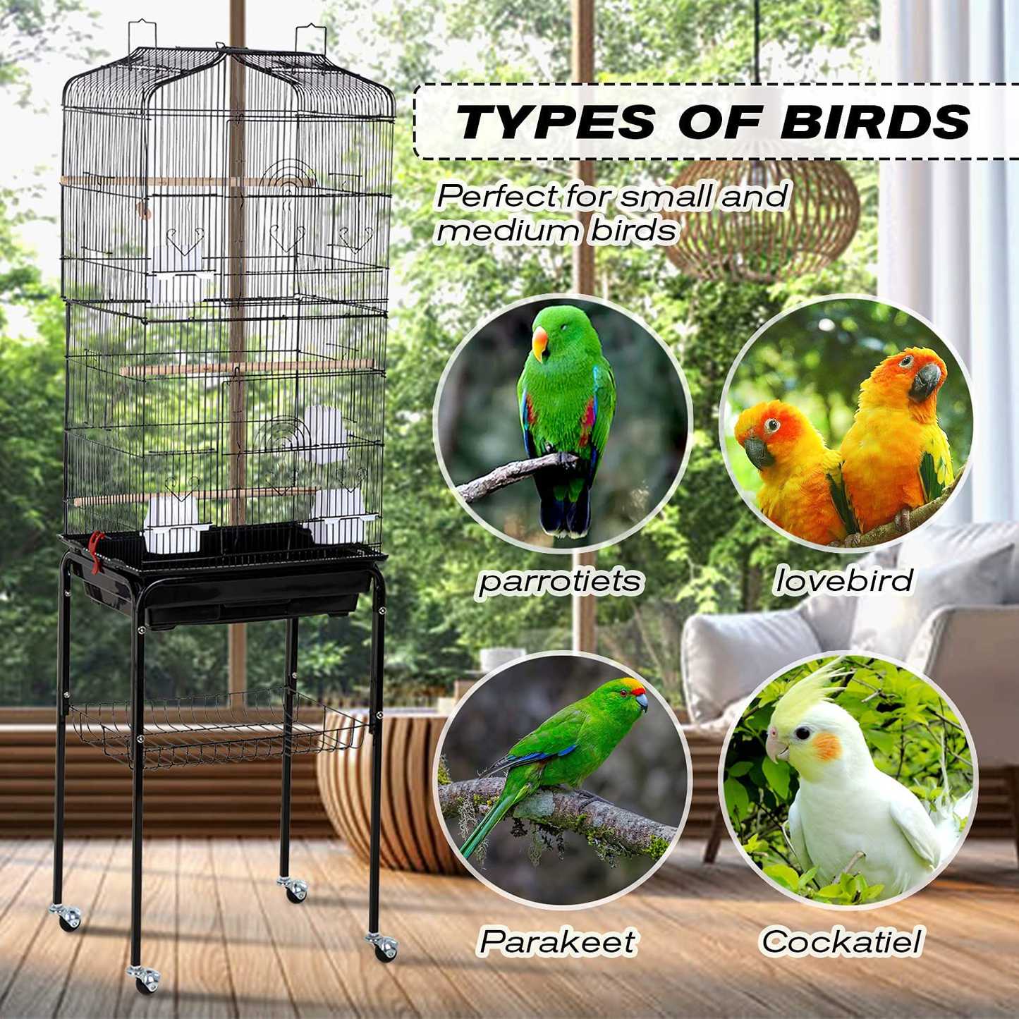 Bird Cage Parakeet Cage 64 Inch Open Top Standing Parrot Cage Accessories with Rolling Stand for Medium Small Cockatiel Canary Parakeet Conure Finches Budgie Lovebirds Pet Storage Shelf Animals & Pet Supplies > Pet Supplies > Bird Supplies > Bird Cages & Stands HCY   