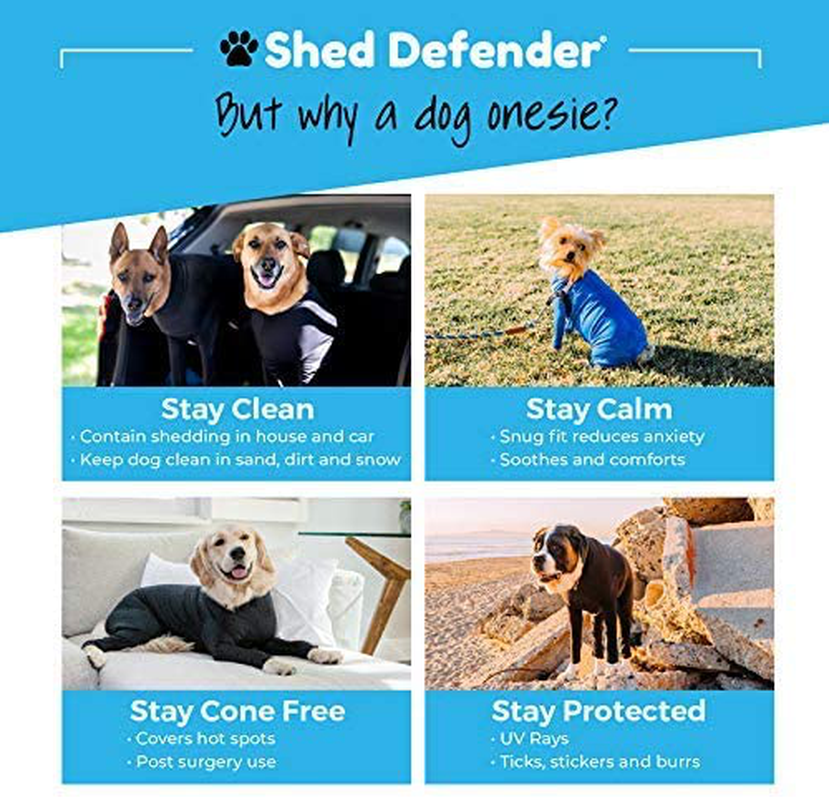 Shed Defender Original Dog Onesie - Seen on Shark Tank, Contains Shedding of Dog Hair for Home, Car, Travel, Anxiety Calming Shirt, Surgery Recovery Body Jumpsuit, E Collar Alternative