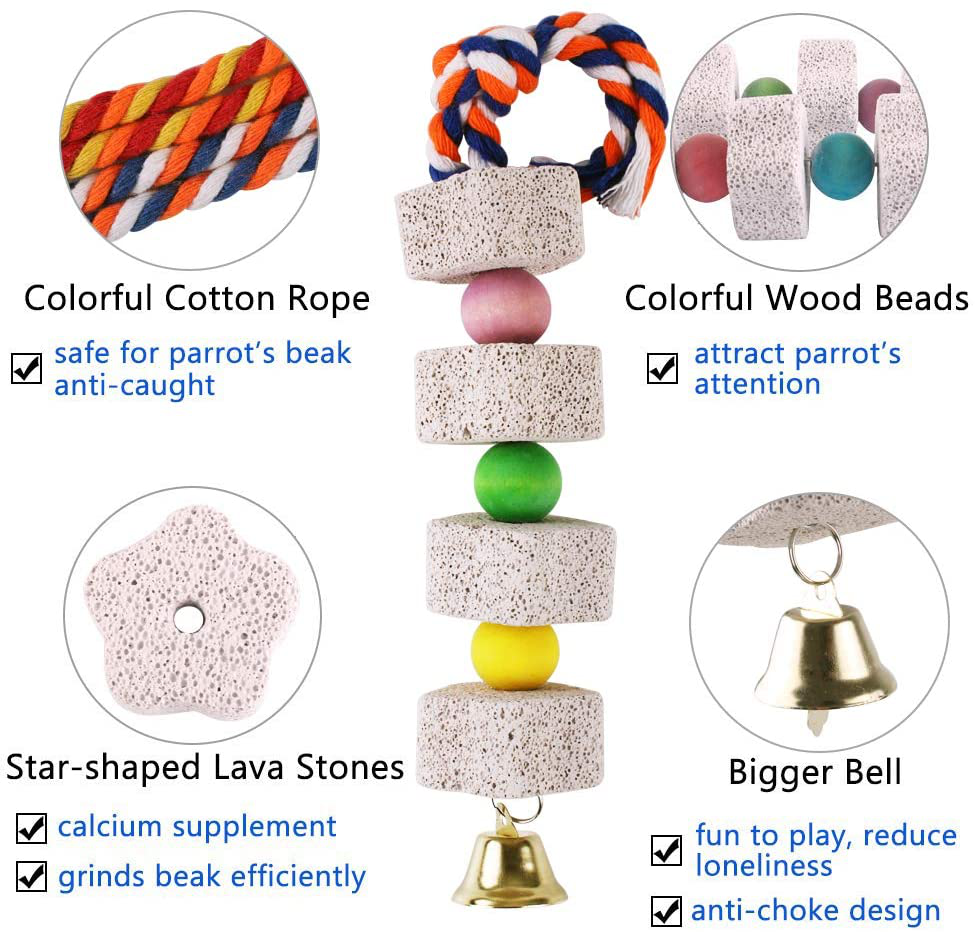 Unibene Parrot Chewing Toy, Bird Beak Grinding Stone with Bell, Lava Block Calcium Supplement Food for African Greys Amazon Conure Eclectus Budgies Parakeet Cockatiel Hamster Chinchilla Rabbit, 2 Pack Animals & Pet Supplies > Pet Supplies > Bird Supplies > Bird Toys Unibene   