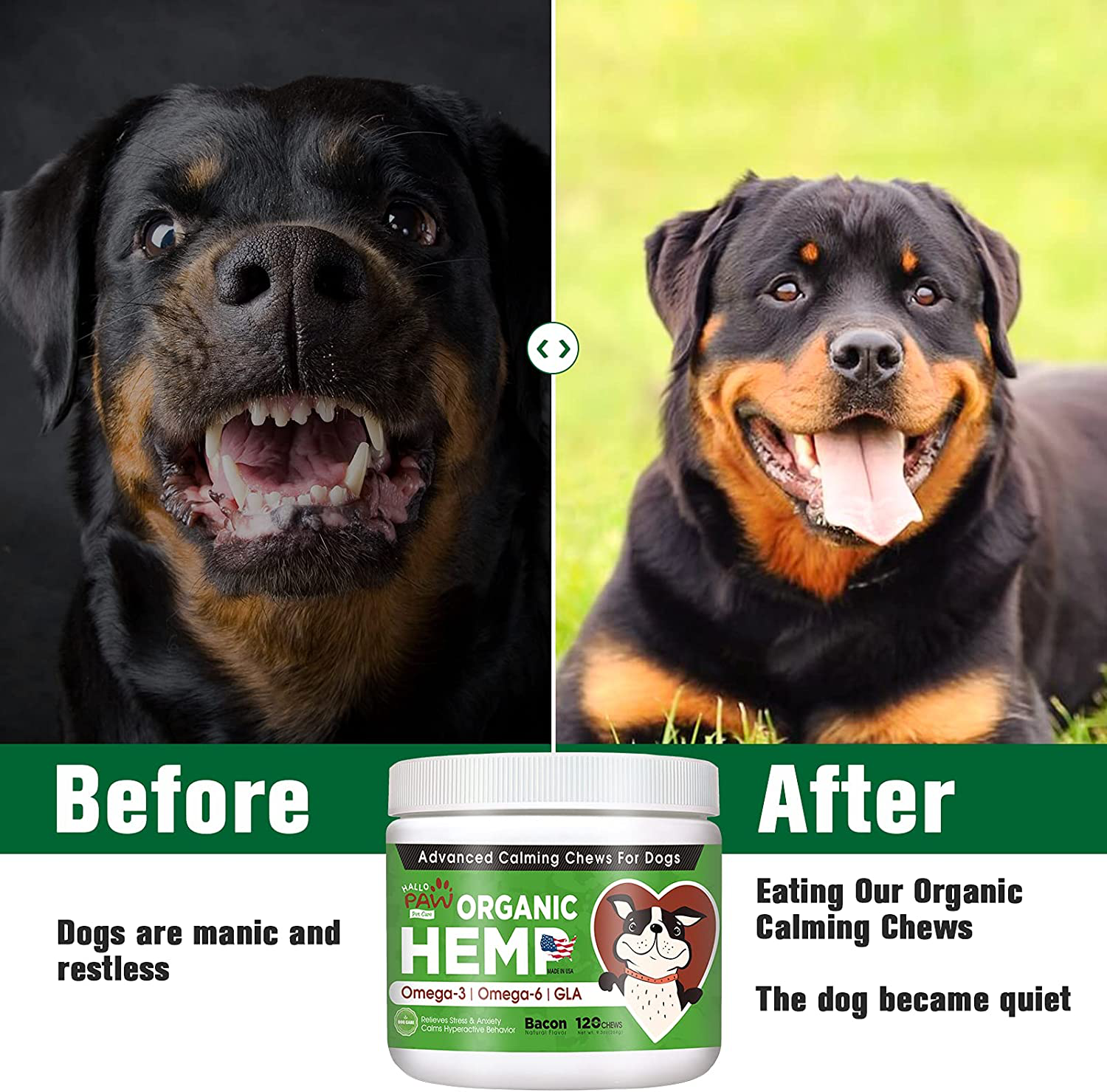 Hallo Paw Organic Calming Dog Treats-Organic Hemp Oil-120 Soft Chews-Made in Usa-Dog Anxiety Relief-Natural Calming-Help Keep Your Dog Calm with Thunder, Barking &Aggressive Behavior Animals & Pet Supplies > Pet Supplies > Small Animal Supplies > Small Animal Treats Hallo Paw   