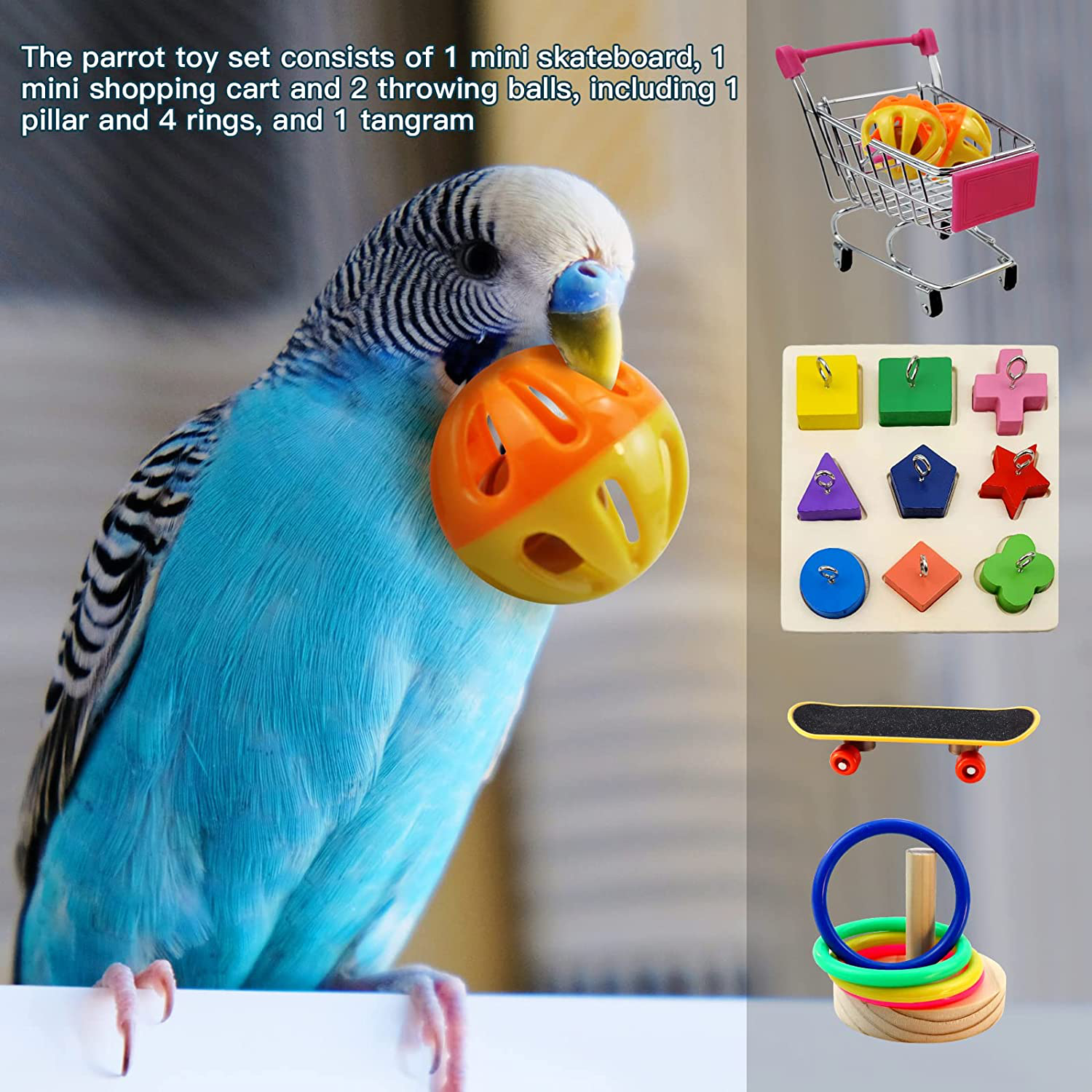 RF-X Bird Toys, Parrot Toys, 6-Piece Bird Training Toys, Including Mini Shopping Carts, Bird Sliders, Bird Stacking Toys, Parrot Building Block Puzzle Toys