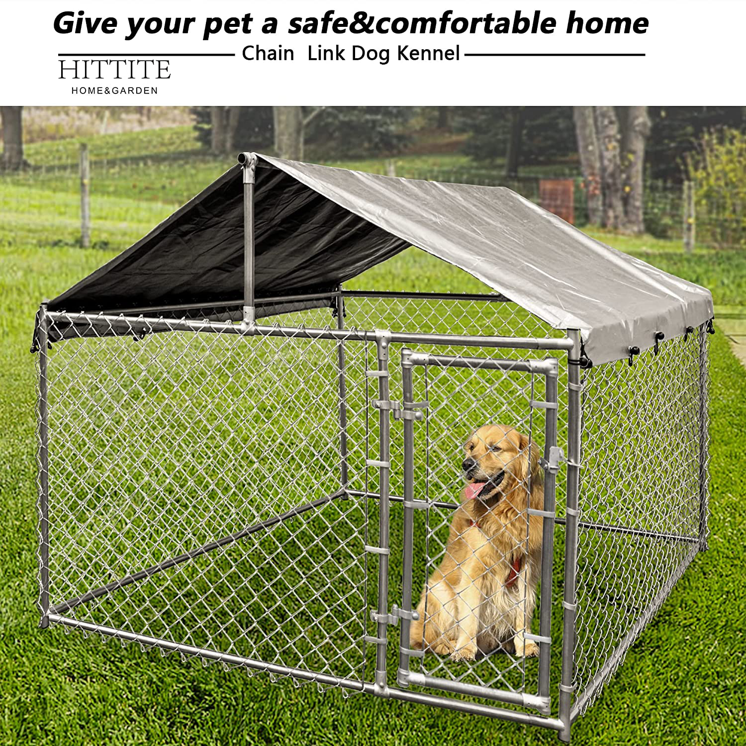 HITTITE Outdoor Chain Link Dog Kennel for Small to Medium Dogs 6.76'L X 6.76'W X 5.64'H, Anti-Rust Heavy Duty Dog Pen with Lockable Dog Gate and Uv-Resistant Waterproof Cover for Backyard.