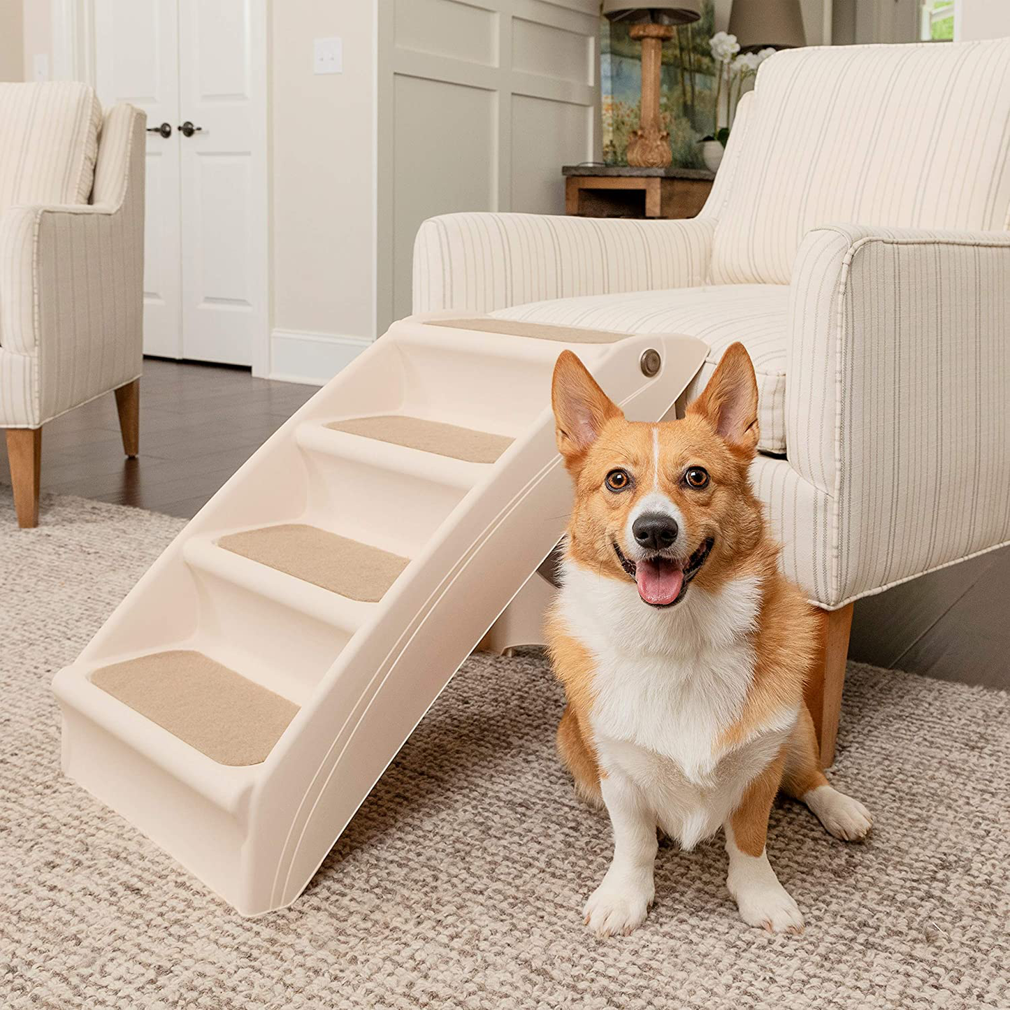 Petsafe Cozyup Folding Pet Steps - Pet Stairs for Indoor/Outdoor at Home or Travel - Dog Steps for High Beds - Dog Stairs with Siderails, Non-Slip Pads - Durable, Support up to 150 Lbs - Large, Tan Animals & Pet Supplies > Pet Supplies > Cat Supplies > Cat Beds Radio Systems Corporation Tan Pet Steps - Standard 