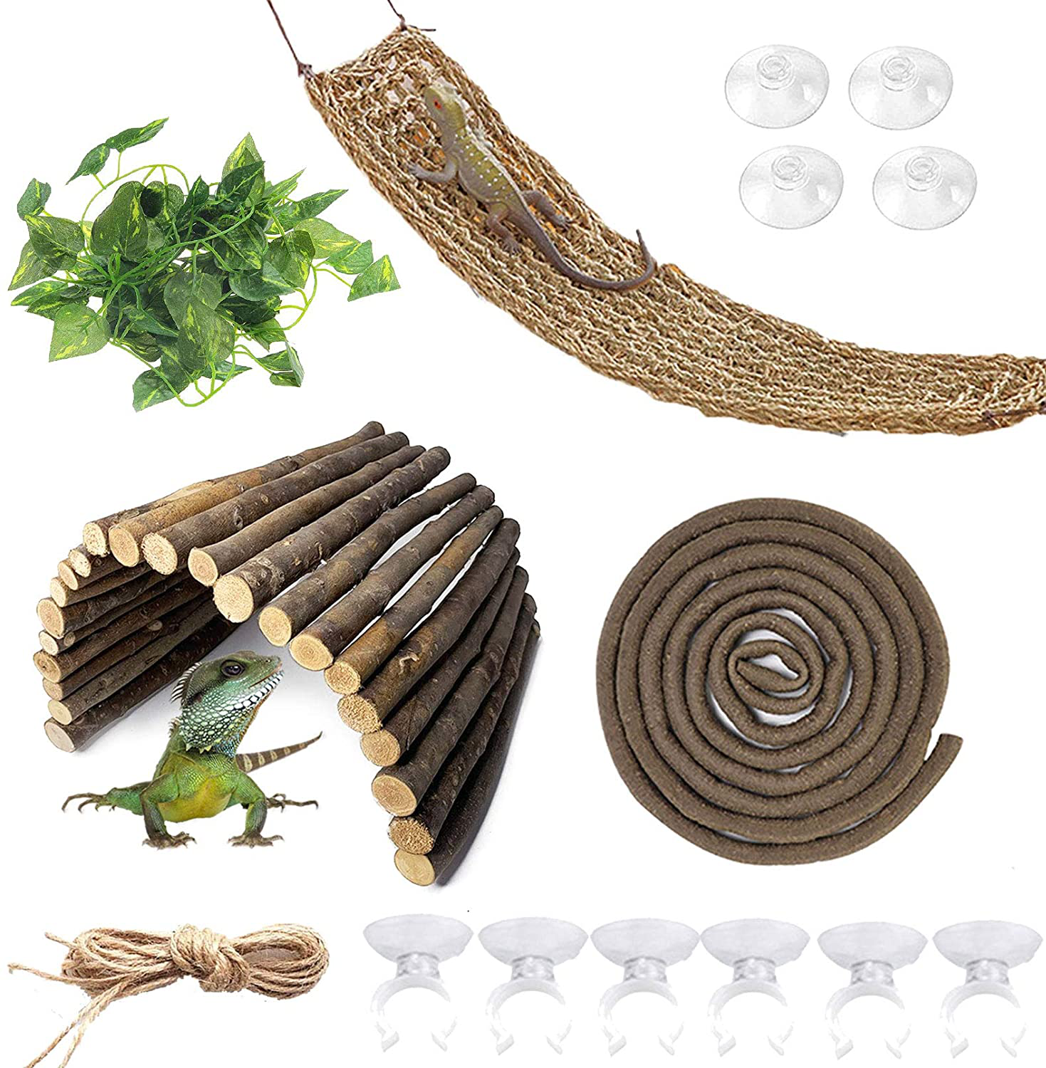 Kathson Bearded Dragon Hammock Reptile Hideout Wooden Bridge Jungle Climber Vines Flexible Reptile Leaves with Suction Cups Reptile Habitat Decor for Chameleon, Lizards, Gecko, Snakes Climbing Hiding Animals & Pet Supplies > Pet Supplies > Reptile & Amphibian Supplies > Reptile & Amphibian Habitat Accessories kathson   