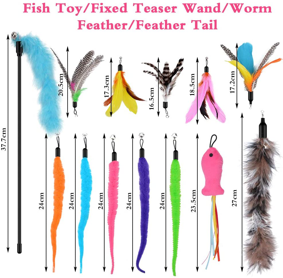 Oziral Cat Teaser, 15PCS Retractable Cat Toy Feather Teaser Cat Toy Cat Wand Feather Interactive Toys with Bells and Feather Refills Set for Indoor Cat and Kitten Exercise Animals & Pet Supplies > Pet Supplies > Cat Supplies > Cat Toys Oziral   