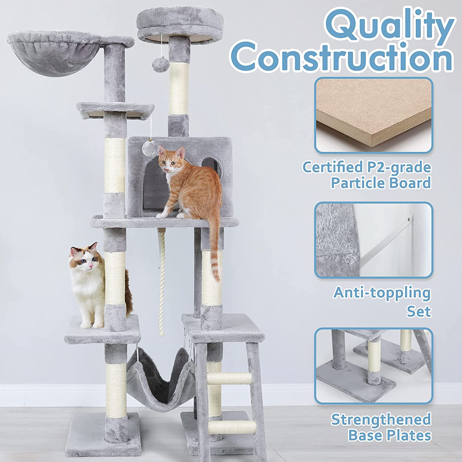 Rabbitgoo Cat Tree Cat Tower 61" for Indoor Cats, Multi-Level Cat Condo with Hammock & Scratching Posts for Kittens, Tall Cat Climbing Stand with Plush Perch & Toys for Play Rest Animals & Pet Supplies > Pet Supplies > Cat Supplies > Cat Furniture rabbitgoo   