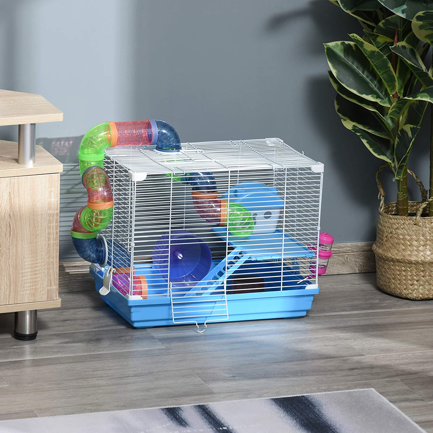 Pawhut 2-Level Hamster Cage Gerbil House Habitat Kit Small Animal Travel Carrier with Exercise Wheel, Play Tubes, Water Bottle, Food Dishes, & Interior Ladder