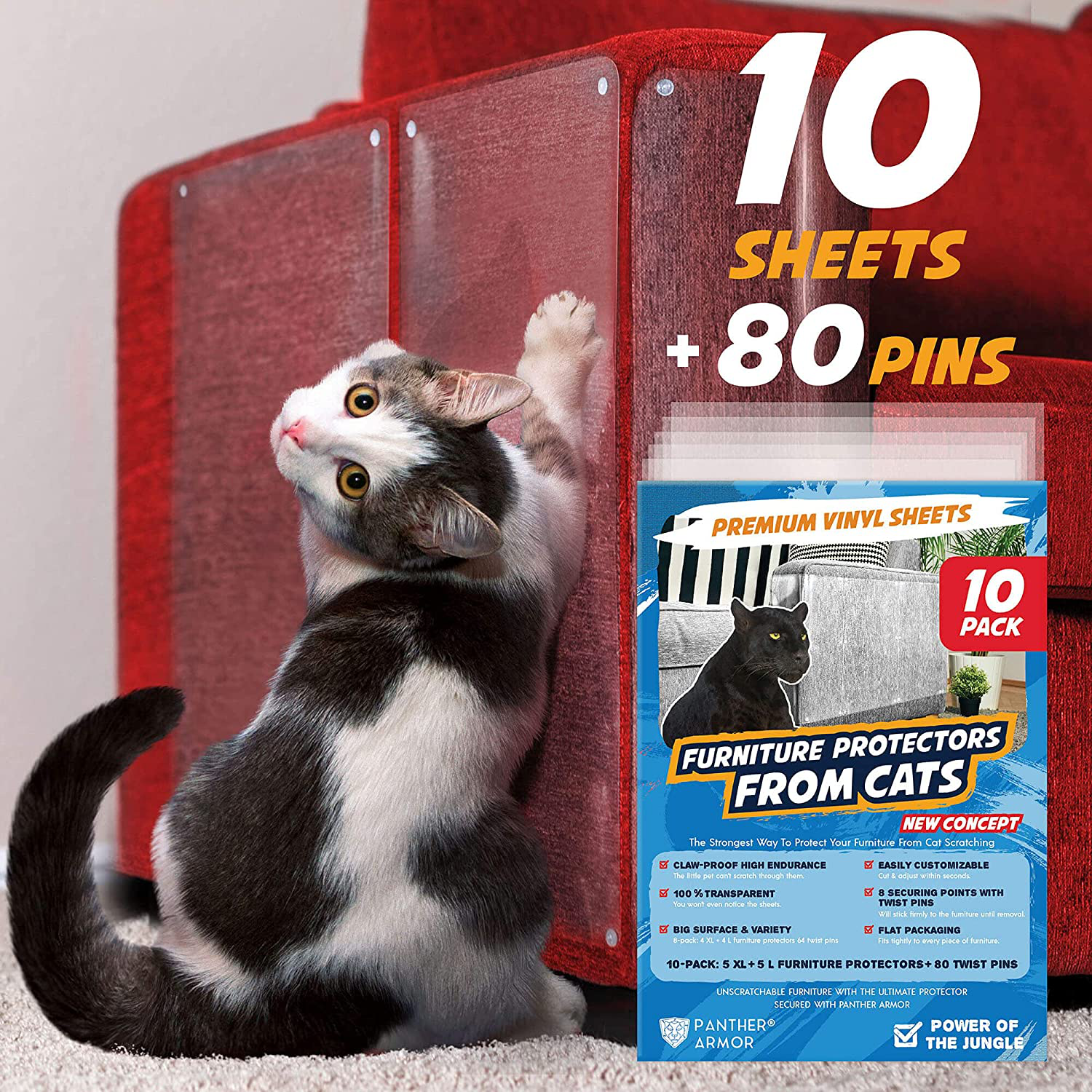 Panther Armor 10(Ten)-Pack XXL Furniture Protectors from Cats Scratch - Couch Protector for Cats - Cat Scratch Deterrent – Sofa Cat Furniture Protector Guards - Cat Furniture Protector Couch Protector