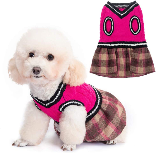 BINGPET Cute Dog Sweater Dress - Warm Pullover Puppy Cat Knit Clothes with Classic Plaid Pattern for Fall Winter Animals & Pet Supplies > Pet Supplies > Cat Supplies > Cat Apparel BINGPET Rose Red Small 