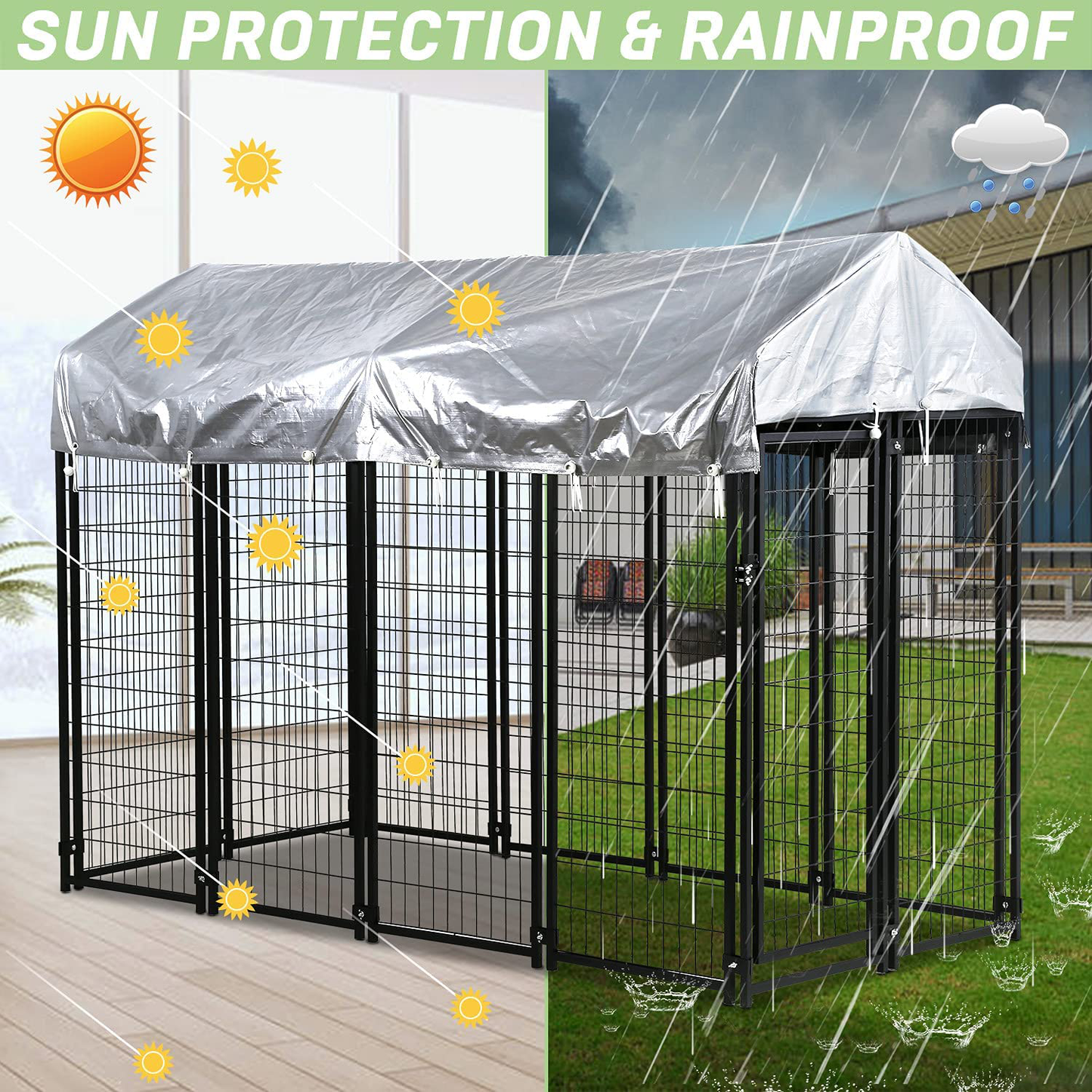 Heavy Duty Dog Crate Cage Kennel,Large Outdoor Waterproof Dog Yard Kennel Pet Playpen House,8' X 4' X 6' Wire Metal Pet Play Pen Crates Cage Fence W/ UV Protection Shade Cover & Roof & Secure Lock