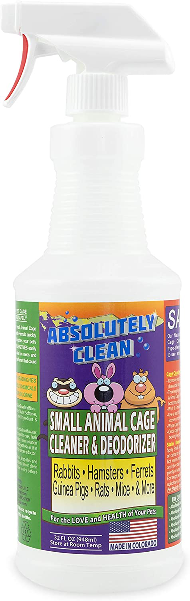 Amazing Small Animal Cage Cleaner - Just Spray/Wipe - Easily Removes Messes & Odors - Hamsters, Mice, Rats, Guinea Pigs, Ferrets - USA Made Animals & Pet Supplies > Pet Supplies > Small Animal Supplies > Small Animal Habitats & Cages Absolutely Clean 32 oz  