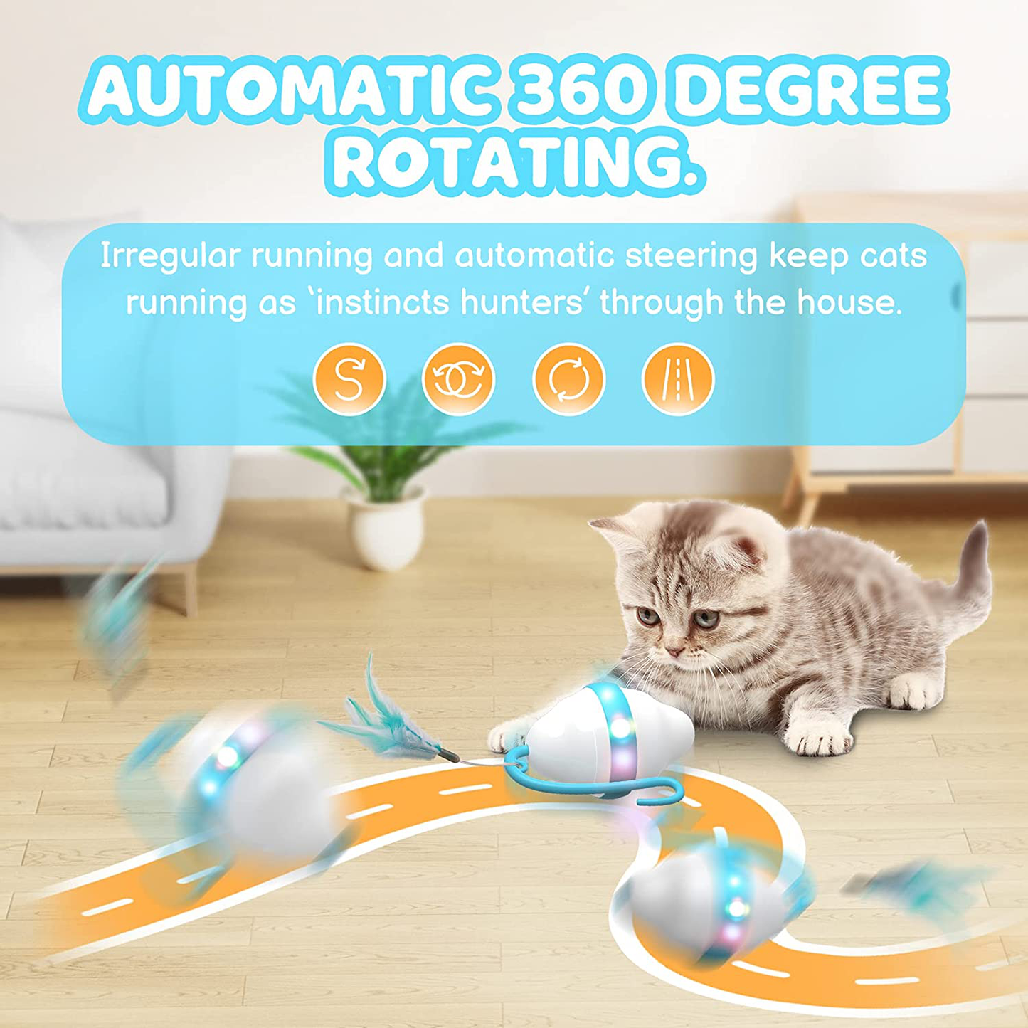 Moving Cat Toys Rolling Mouse Interactive Cat Exercise Toys with 5 Feathers USB Charging 2 Speeds Mode Colorful LED Light Automatic 360° Self Rotating Low Noise for Indoor Cats Kitten Animals & Pet Supplies > Pet Supplies > Cat Supplies > Cat Toys Fenxtoy   