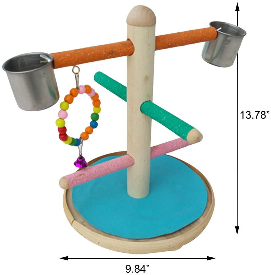 QBLEEV Parrot Playstand Perch with Bird Toys & Feeder Cups, Small Birds Gym Playground Platform Hanging Bell Swing Toys, Bird Training Play Stand for Parakeets African Grey Conures Cockatiel Cockatoos