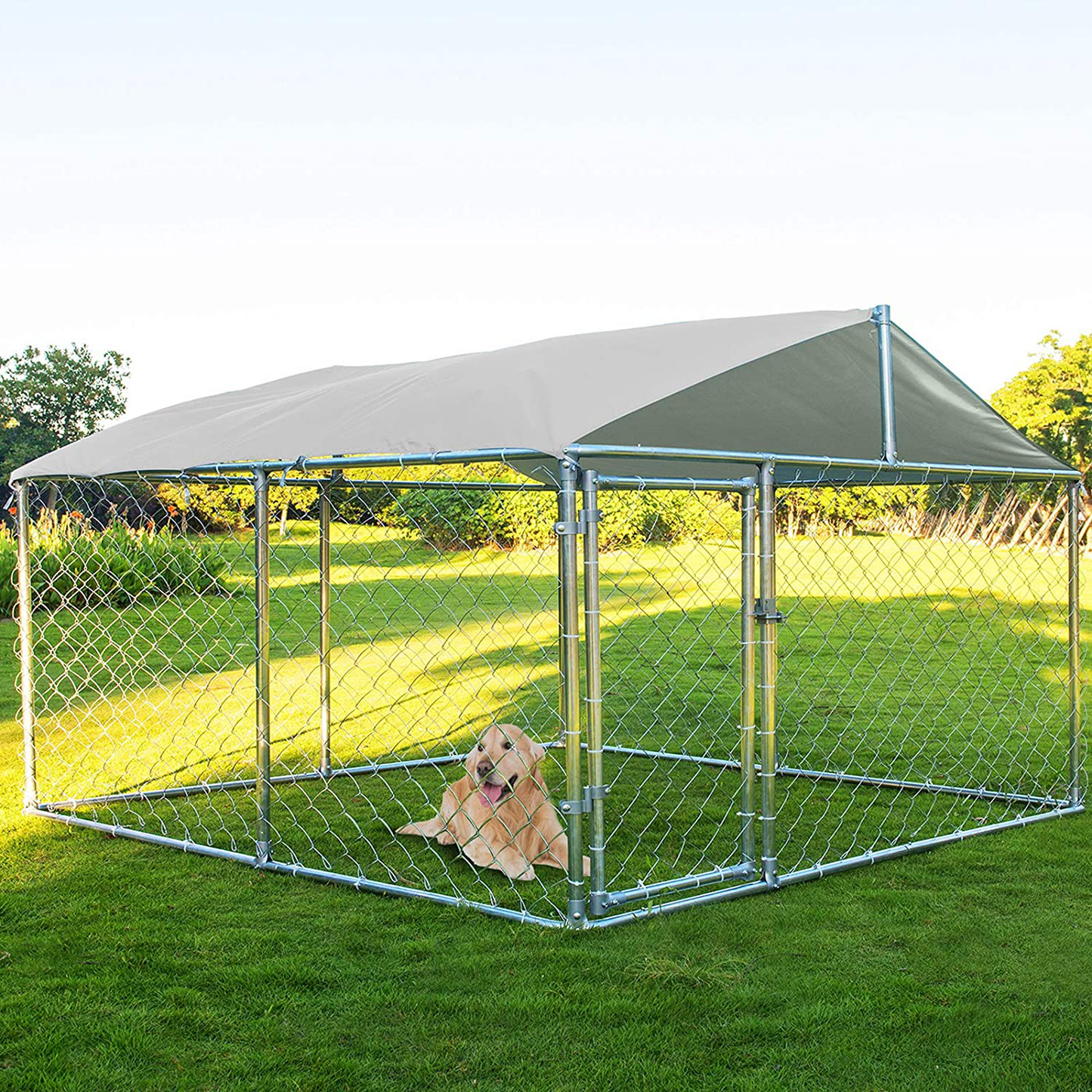 MAGIC UNION Dog Kennel Outdoor Metal Dog Cage outside Dog Fence Pet Enclosure Fencing with Water-Resistant Cover Roof Backyard Dog Run House (Basic)
