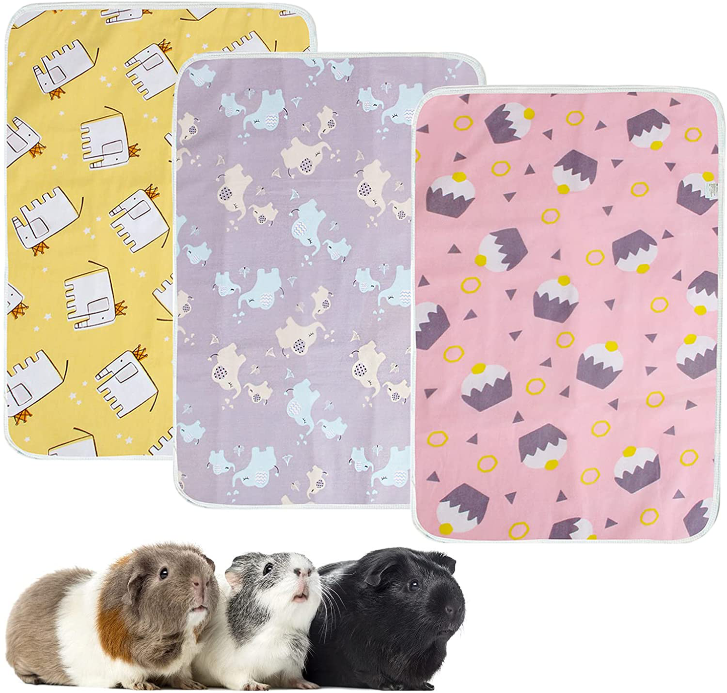 Tboxbo 3Pcs/Set Guinea Pig Cage Liners Washable Pee Pads anti Slip Guinea Pig Bedding for Small Animals Fleece Cage Liners Pet Pee Pad Cartoon Pet Training Pads(Blue+Yellow+Pink)