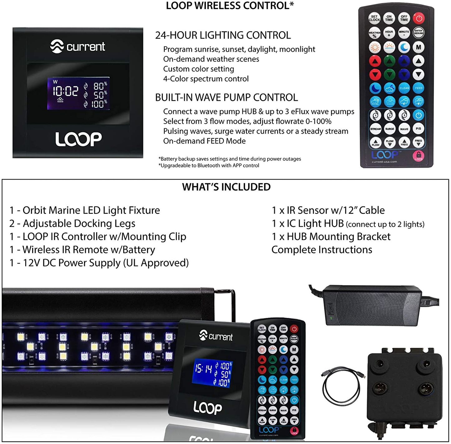 Current USA Orbit Marine LED Aquarium Light - Saltwater, Coral Reef Fish Tank - LOOP Wireless Lighting and Wave Pump Control with Timer - Adjustable Color Spectrum and Flow Mode - Sliding Docking Legs
