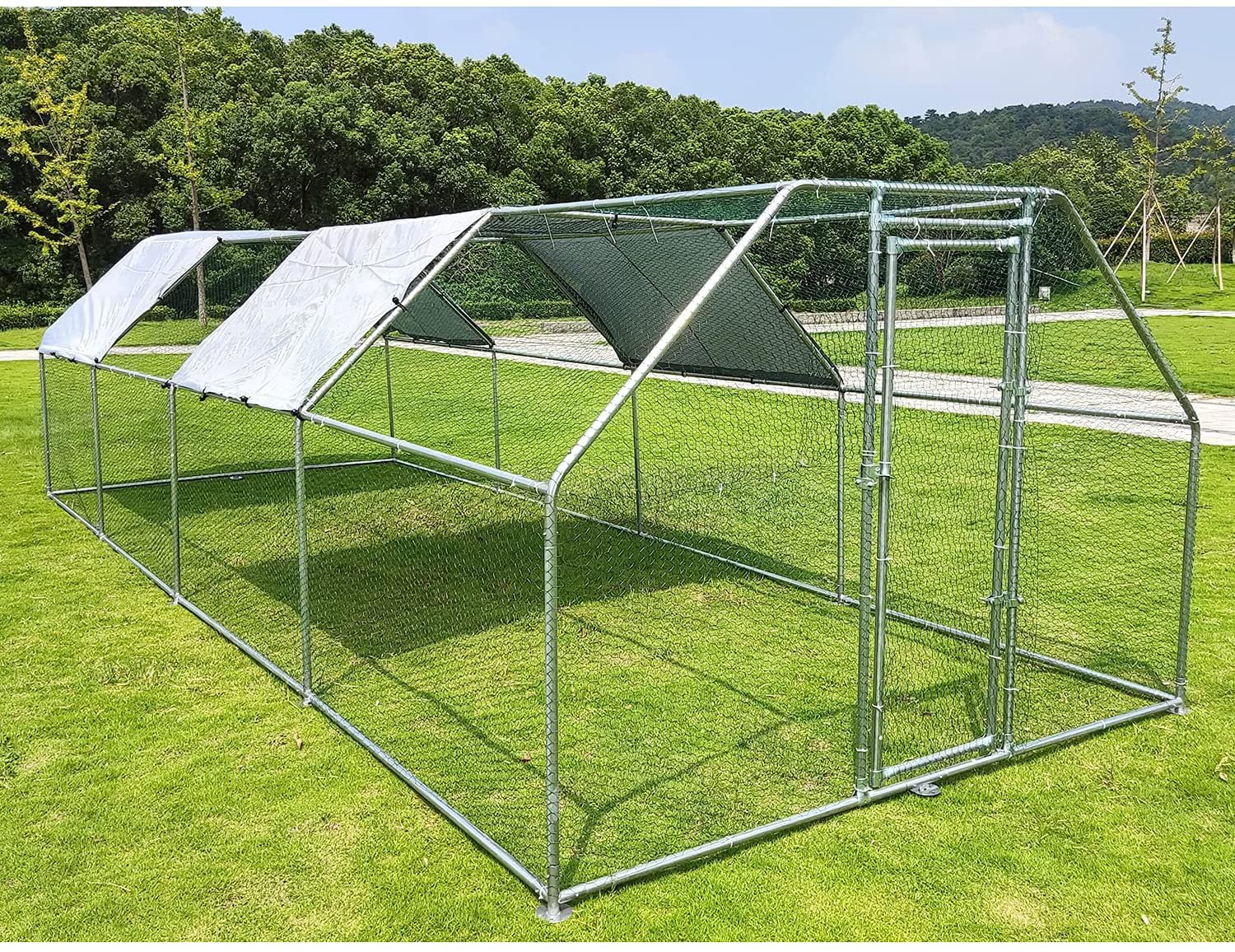 Hiwokk Large Metal Chicken Coop Walk-In Cage Chicken Run Duck House Chicken Pen Dog Kennel Flat Roofed Cage with Waterproof and Anti-Ultraviolet Cover for Outdoor Farm Use（9.2' L X 18.4' W X 6.4' H） Animals & Pet Supplies > Pet Supplies > Dog Supplies > Dog Kennels & Runs HIWOKK 9.2' L x24.9' W x 6.4' H  