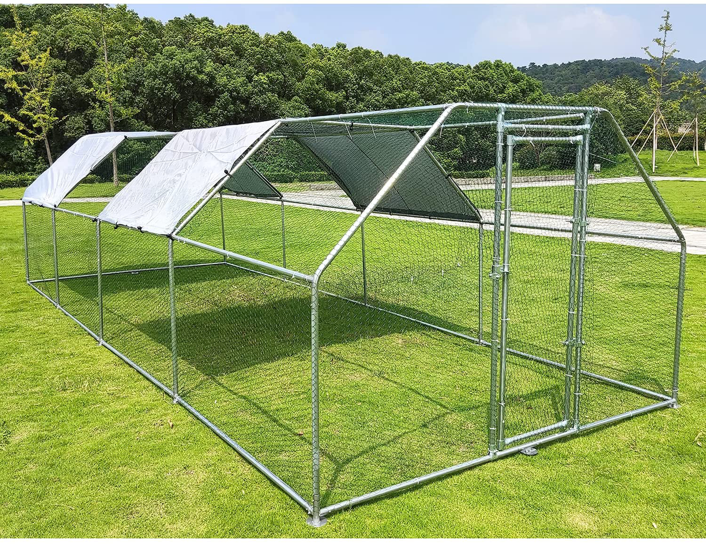 Hiwokk Large Metal Chicken Coop Walk-In Cage Chicken Run Duck House Chicken Pen Dog Kennel Flat Roofed Cage with Waterproof and Anti-Ultraviolet Cover for Outdoor Farm Use（9.2' L X 18.4' W X 6.4' H）
