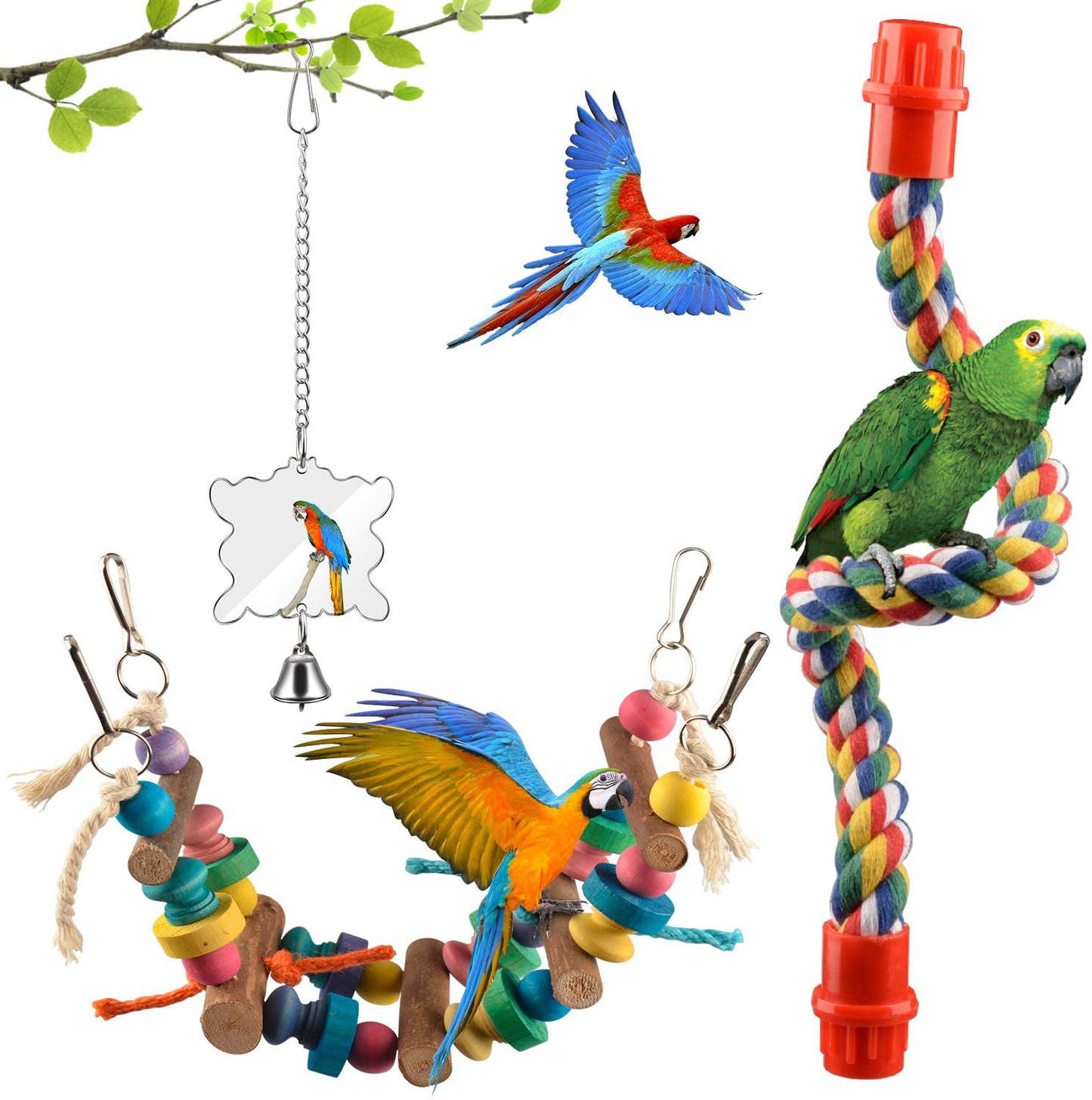 AOPMET Bird Swing Toys 6Pcs, Parrot Swing Chewing Toys Hanging Perches with Bells, Pet Bird Swing Chewing Toys for Parakeets Cockatiels, Conures, Parrots, Love Birds