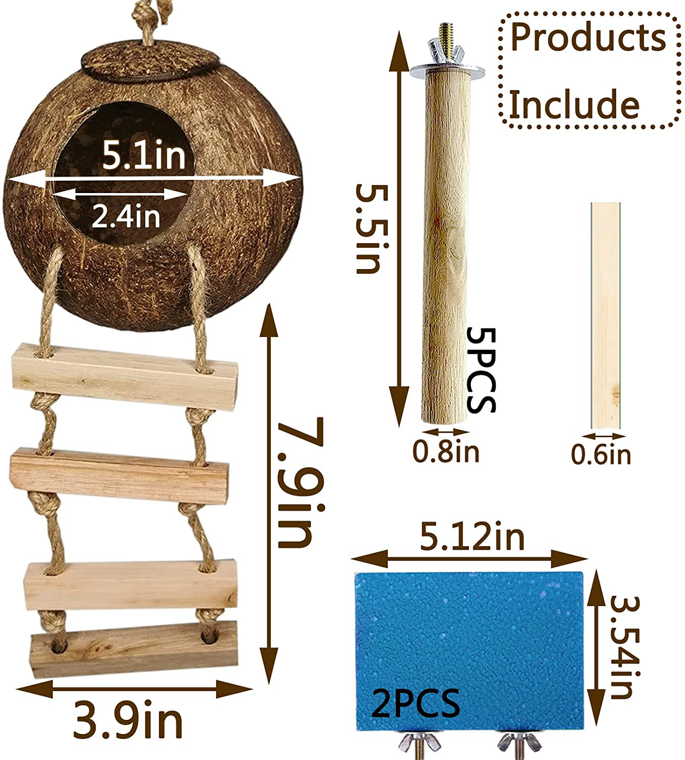 Hamiledyi Natural Coconut Bird Nest with Ladder, Hanging Fiber Shell Birds House Parrot Hut Pets Hideaway Avians Perch Stand Platform for Parakeet Lovebirds Canary Animals & Pet Supplies > Pet Supplies > Bird Supplies > Bird Ladders & Perches Hamiledyi   