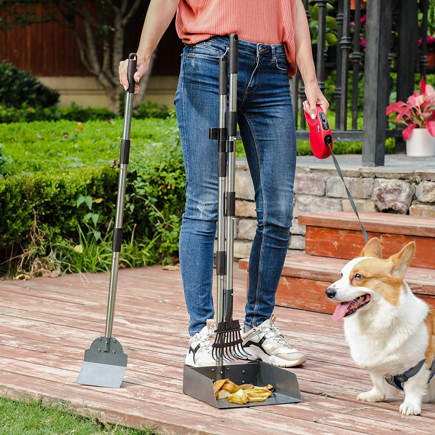 FEANDREA Big Pooper Scooper, for Large, Small Dogs, 3-Piece Rake Tray and Spade Set, Easy to Clean, Adjustable Long Handle, Steel, for Pets Lawn Grass Dirt Gravel, Black and Silver UPPP102B01 Animals & Pet Supplies > Pet Supplies > Dog Supplies > Dog Kennels & Runs FEANDREA   