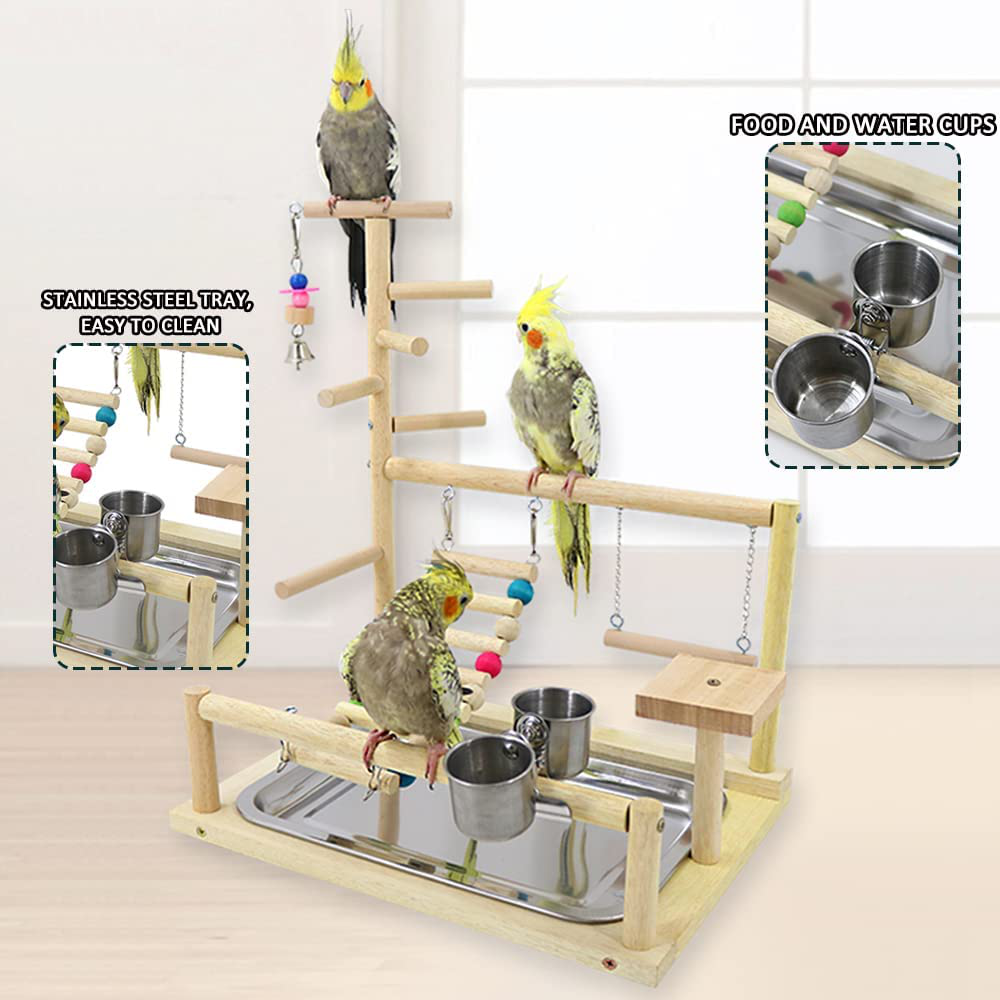 Parrot Playstand，Bird Play Stand Cockatiel Playground， Wood Perch Gym Playpen Ladder with Feeder Cups Toys Exercise Play Animals & Pet Supplies > Pet Supplies > Bird Supplies > Bird Gyms & Playstands KAIYILY   