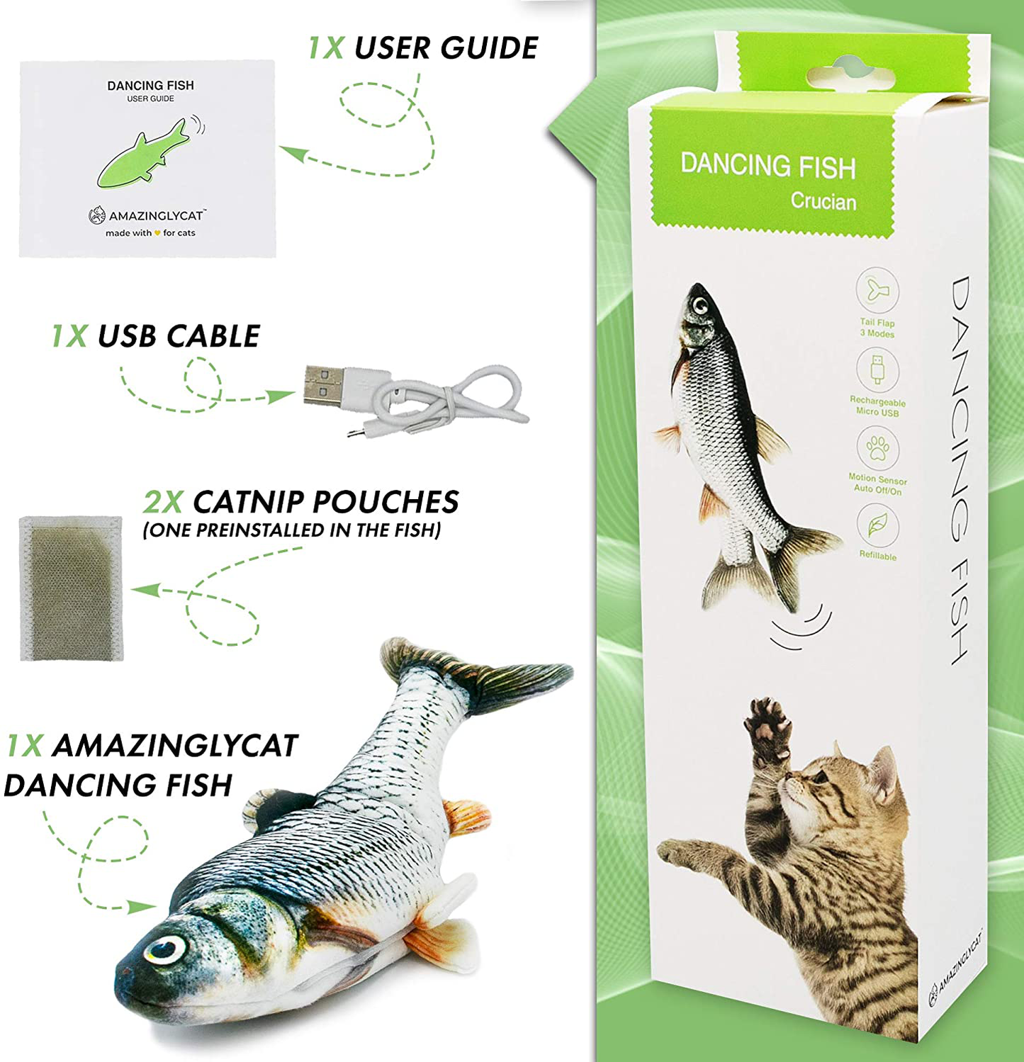 Dancing Fish Toy for Indoor Cats & Small Dogs – Motion Sensor Cat Toy with 2 Catnip Packets – Usb-Chargeable, Soft, Durable, Washable, Low-Noise Floppy Fish Interactive Pet Gifts, 12X5 In. Animals & Pet Supplies > Pet Supplies > Cat Supplies > Cat Toys AmazinglyCat   