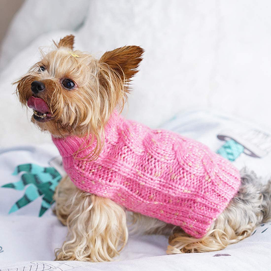 KYEESE Dog Sweaters Turtleneck Dog Pullover Sweater Knitwear with Golden Yarn Warm Pet Sweater for Fall Winter