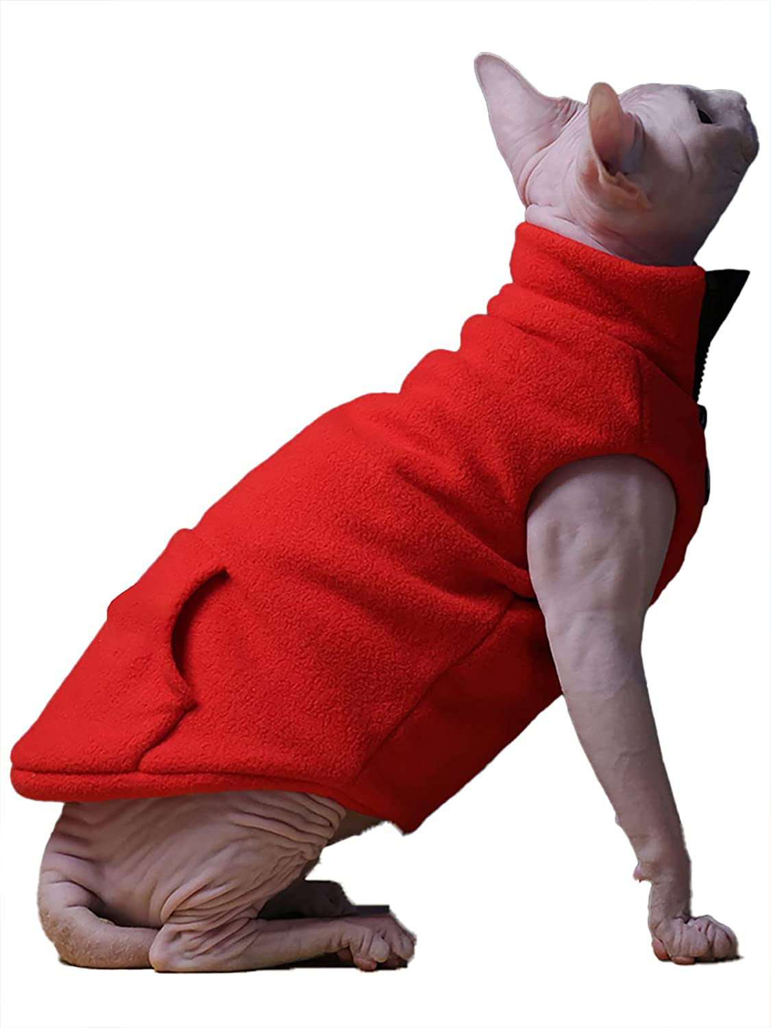 Sphynx Hairless Cat Clothes Autumn Winter Fashion Solid Color Zipper Coat Sleeveless High Collar Soft Faux Fur Sweater Outfit with Pocket Animals & Pet Supplies > Pet Supplies > Cat Supplies > Cat Apparel WQCXYHW Red L（6.6-8.8lbs） 