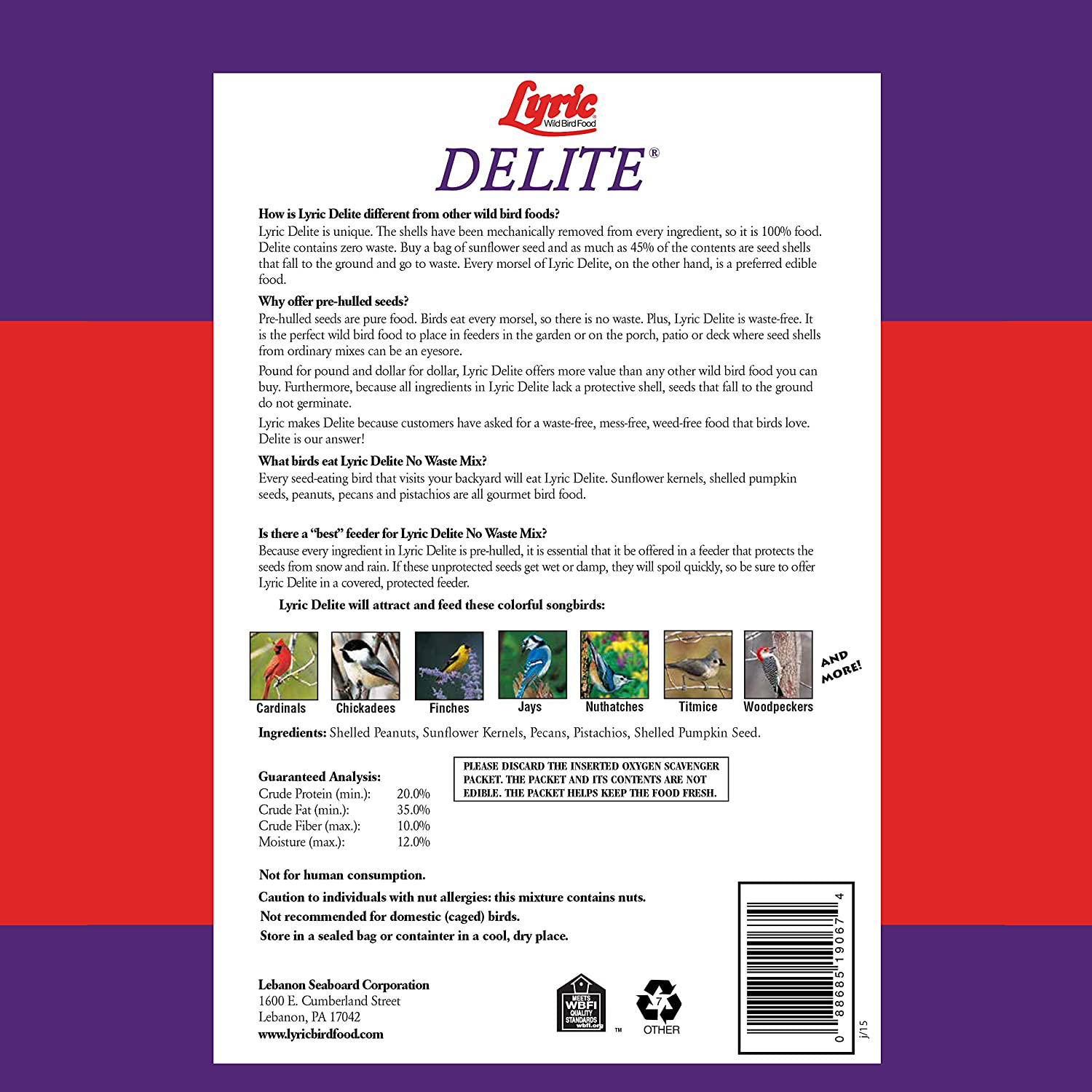 Lyric 2647403 Delite High Protein No Waste Wild Bird Mix-5 Lb Animals & Pet Supplies > Pet Supplies > Bird Supplies > Bird Food Lebanon Seaboard Corporation   