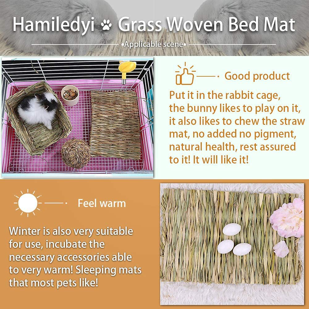 Hamiledyi 3Pcs Grass Mat Woven Bed Mat for Bunny 3Pcs Rabbit Chew Ball Timothy Grass Grinding Small Animal Bedding Nest Activity Play Chew Toys for Guinea Pig Gerbils Hamster Rat