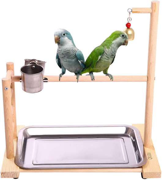 QBLEEV Birdcage Stands Parrot Play Gym Wood Conure Playground Bird Cage Stands Accessories Birdhouse Decor Table Top Playstand with Ladder Stainless Steel Feeder Cup Tray for Small Medium Parakeets Ca Animals & Pet Supplies > Pet Supplies > Bird Supplies > Bird Gyms & Playstands QBLEEV   