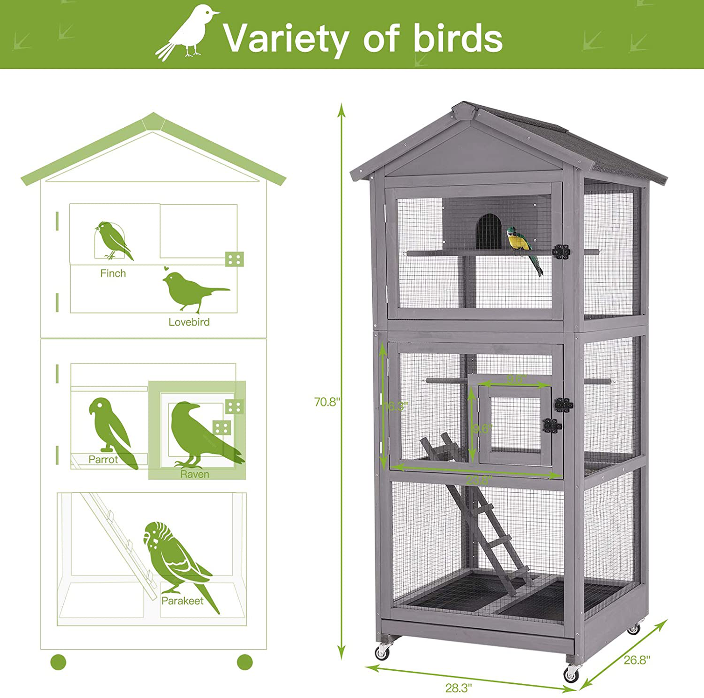 GUTINNEEN Outdoor Bird Aviary Wooden Large Bird Cage on Wheels, Featuring Play Stand, Perches, Nest Habitat, Include Wire Mesh above Bottom Tray Easy to Clean Animals & Pet Supplies > Pet Supplies > Bird Supplies > Bird Cage Accessories GUTINNEEN   