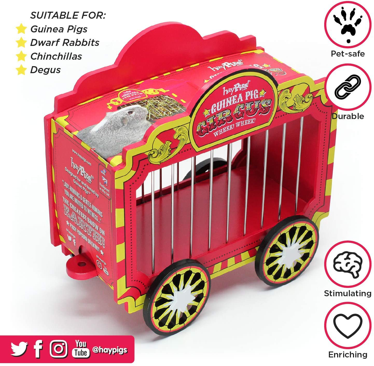 HAYPIGS Guinea Pig Toys and Accessories - Circus Themed Wheek Wagon Hay Hopper - Guinea Pig Hay Rack - Dwarf Rabbit Feeder - Hay Racks for Guinea Pigs - Hay Feeder - Chinchilla Hay Rack Animals & Pet Supplies > Pet Supplies > Small Animal Supplies > Small Animal Food HAYPIGS   