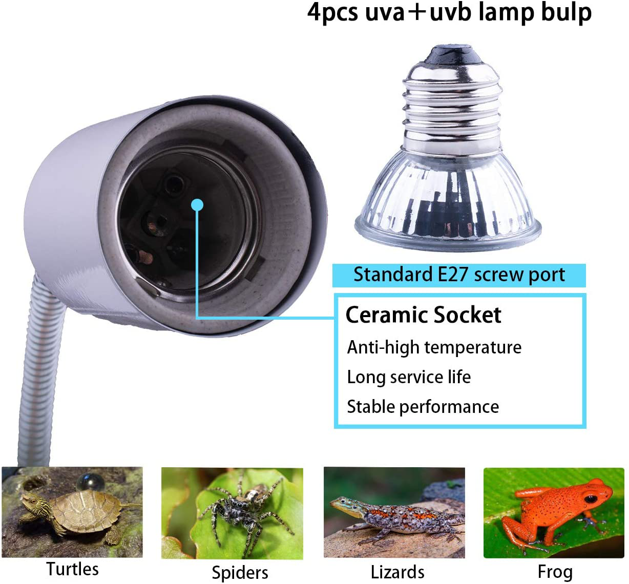 Reptile Heat Lamp, UVB Bulb, UVB Reptile Light Fixture, UVA UVB Reptile Light, Aquatic Turtle Heating Lamp, Turtle Aquarium Tank Heating Lamps Holder & Switch with 4 Heat Bulbs--White