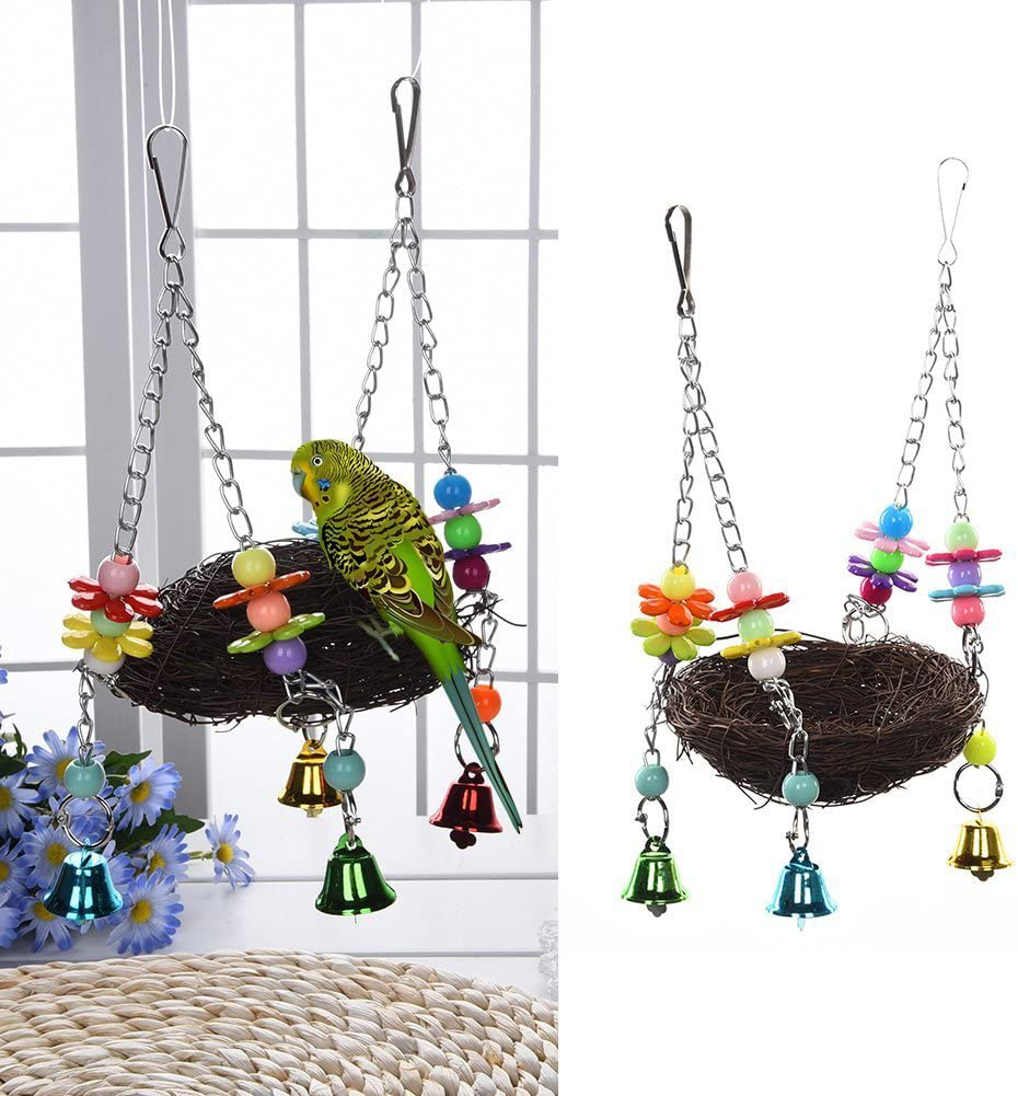 Natural Rattan Nest Bird Swing Toy with Bells for Parrot Cockatoo Macaw Amazon African Grey Budgie Parakeet Cockatiel Conure Lovebird Finch Cage Perch Animals & Pet Supplies > Pet Supplies > Bird Supplies > Bird Gyms & Playstands Keersi S  