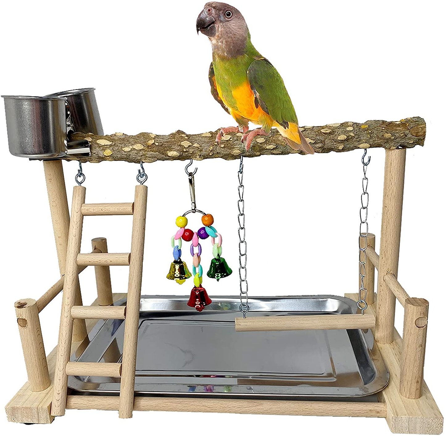 Kathson Parrots Playground Bird Perch Wood Playstand Stand with Ladder Swing Feeder Cups Chew Toy for Parakeet Conure Cockatiel Budgie Lovebird Finch Small Birds Animals & Pet Supplies > Pet Supplies > Bird Supplies > Bird Cages & Stands kathson prickly ash wood  