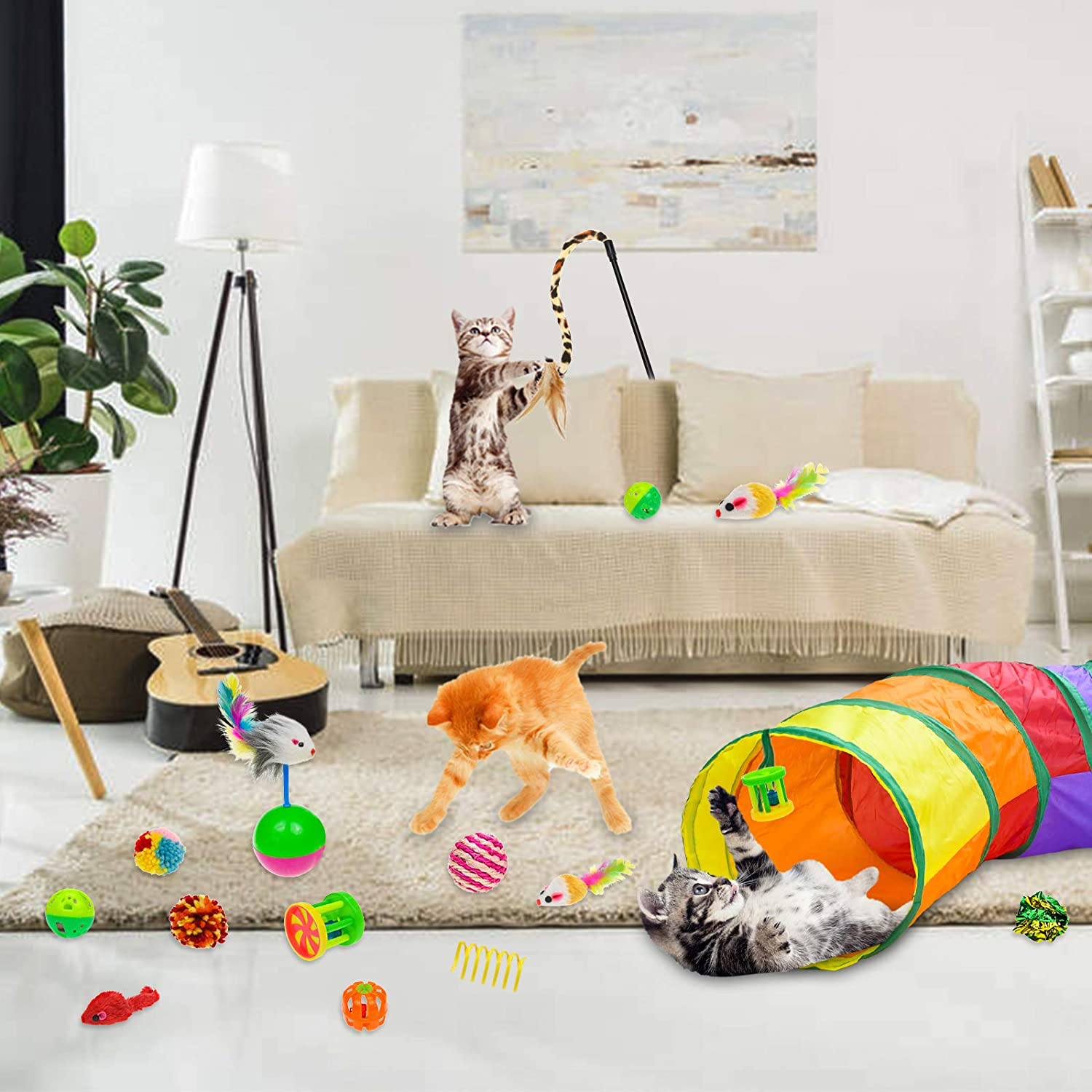 Malier 20 PCS Cat Kitten Toys Set, Collapsible Cat Tunnels for Indoor Cats, Interactive Cat Feather Toy Fluffy Mouse Crinkle Balls Toys for Cat Puppy Kitty Kitten Rabbit (A-Rainbow) Animals & Pet Supplies > Pet Supplies > Cat Supplies > Cat Toys Malier   