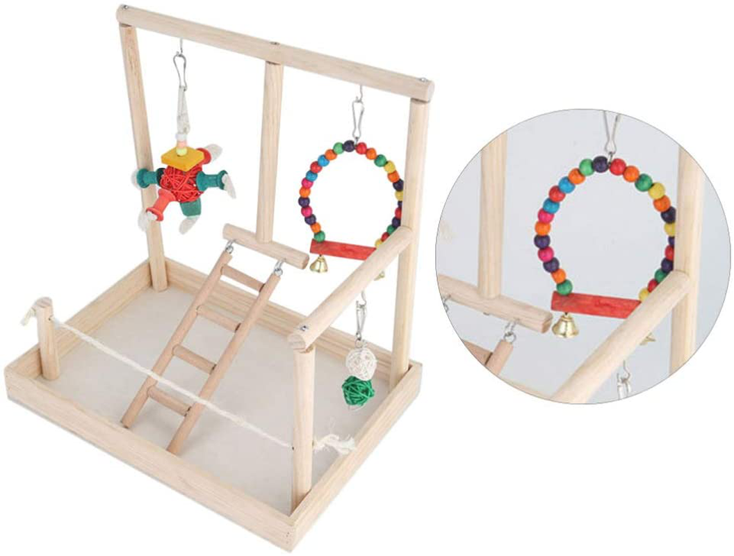 POPETPOP Wooden Bird Play Stand with Swing Perch Chewing Toy Ladder Play Gym Playground Activity Toy for Parakeets Budgie Cockatiels Animals & Pet Supplies > Pet Supplies > Bird Supplies > Bird Gyms & Playstands POPETPOP   