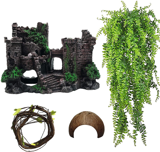 Tfwadmx Resin Classical Castle Reptile Habitat Decorations Lizard Hideouts Cave Coconut Shell Hut Realistic Details Ornament Terrarium Accessories for Bearded Dragons,Snake,Gecko and Hermit Crabs