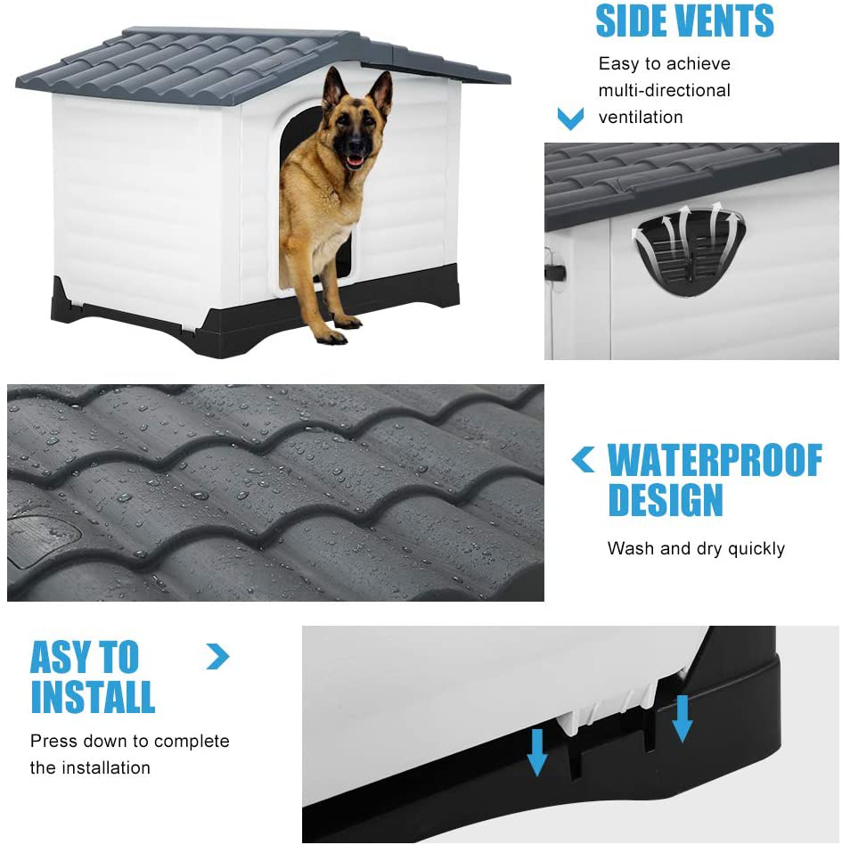 Dog House, Large Dog House for Small Medium Large Dogs, Water Resistant Ventilate Plastic Durable Indoor Outdoor Pet Shelter Kennel with Air Vents and Elevated Floor, Easy to Assemble
