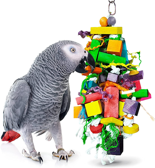 Sungrow Parrot Wooden and Rope Chewing Toy, 15.7 X 4 Inches, Multi-Shaped Blocks and Cotton Rope with Hanging Loop, 1 Pc