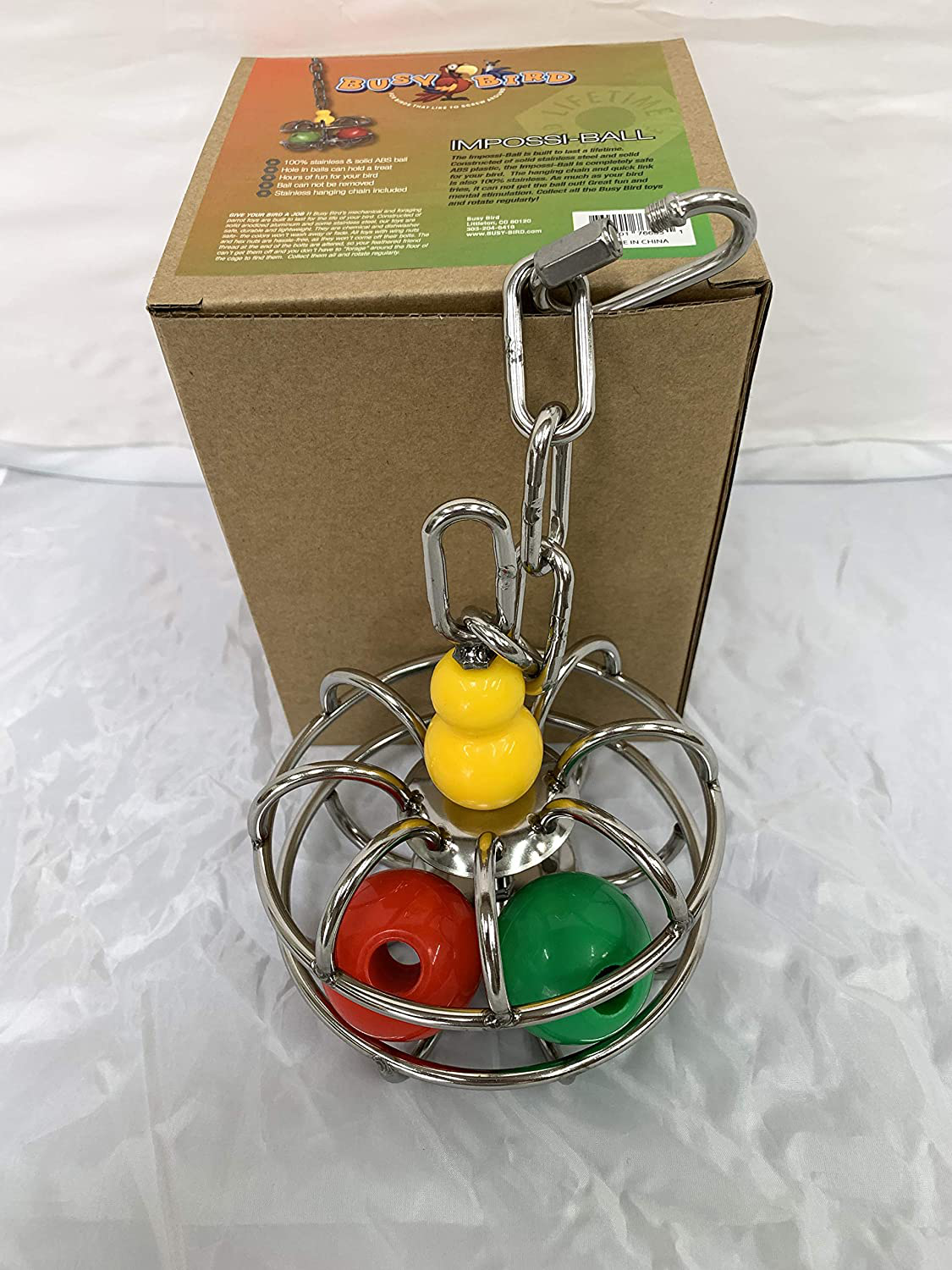 Busy Bird | Impossi-Ball Foraging Bird Toy with Hanging Chain, Quick Link and Treat Compartments - 100% Metal, Ultimate Brain Teaser and Mind Game for Medium to Extra Large Birds Animals & Pet Supplies > Pet Supplies > Bird Supplies > Bird Toys Busy bird for birds that like to screw around   